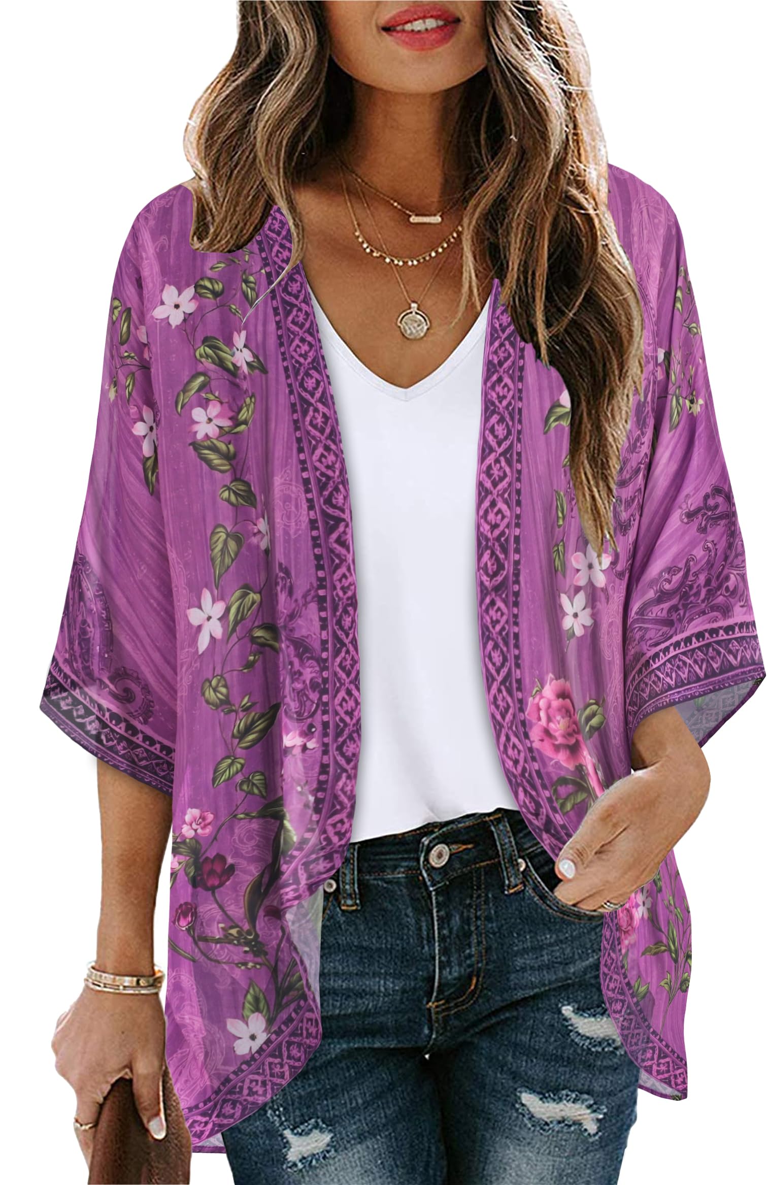 CHICGAL Womens Floral Kimono Cardigan Beach Cover Up Casual Summer Tops