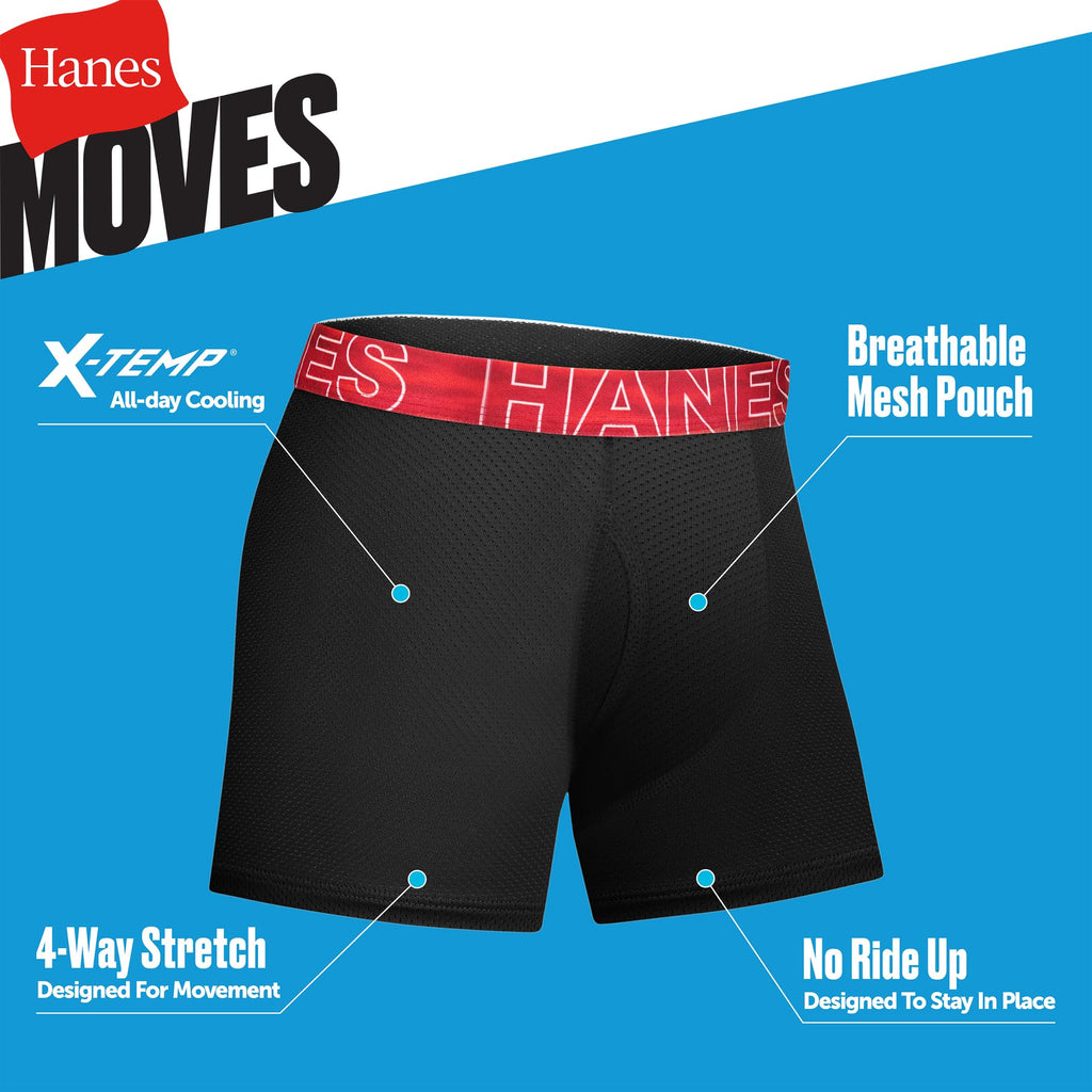 Hanes Boys' Moves Performance Underwear Boxer Brief, 6-pack, All Over Mesh Moisture Wicking Boxer Briefs