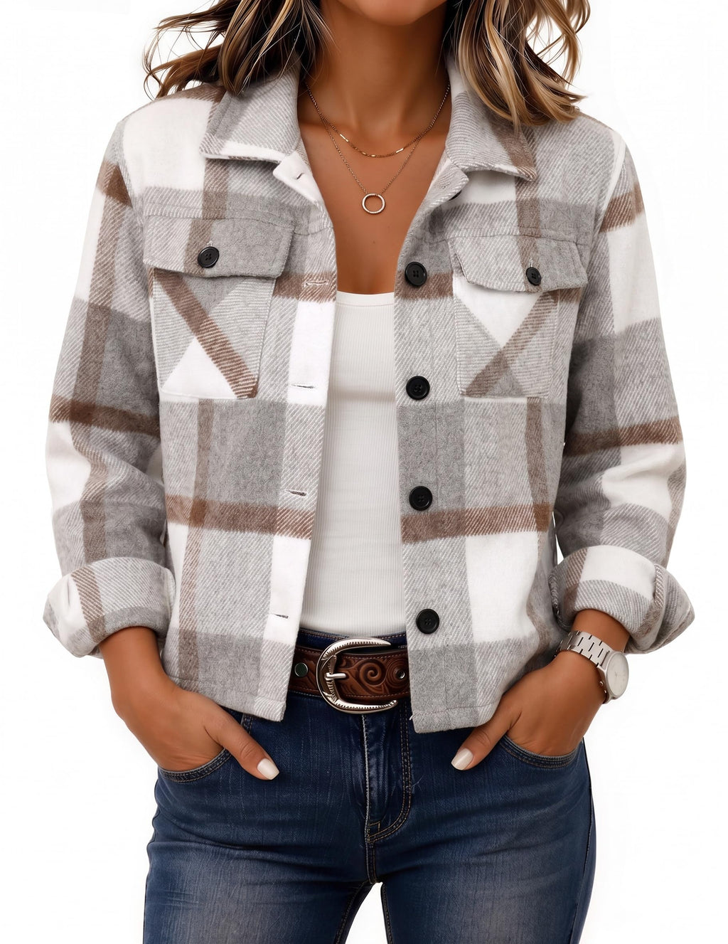 Zeagoo Flannels for Women Cropped Shacket Jacket Fashion Plaid Fall Coat