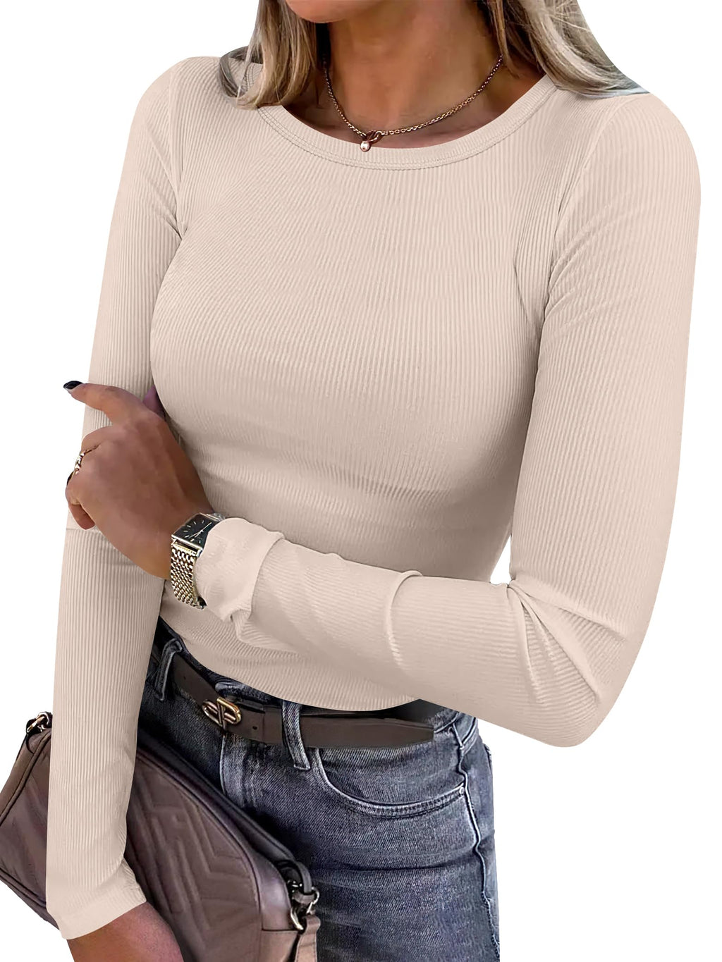 ANRABESS Women Long Sleeve Shirts Ribbed Fitted Tops