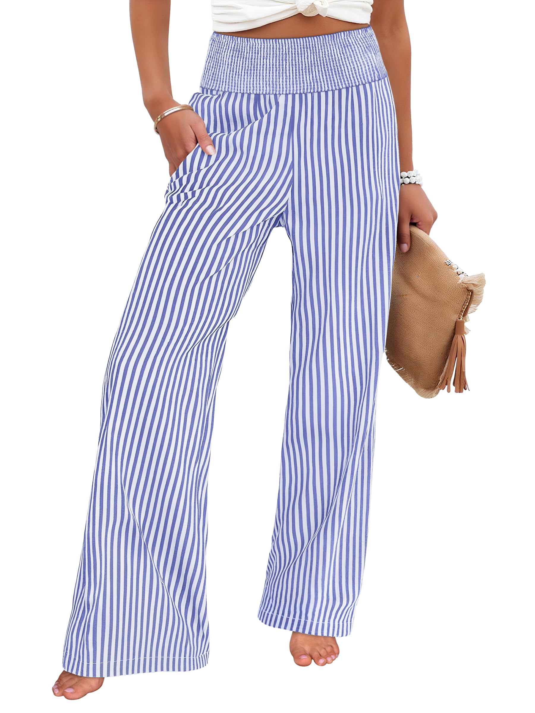 ANRABESS Womens Striped Gingham Wide Leg Palazzo Pants with Pockets