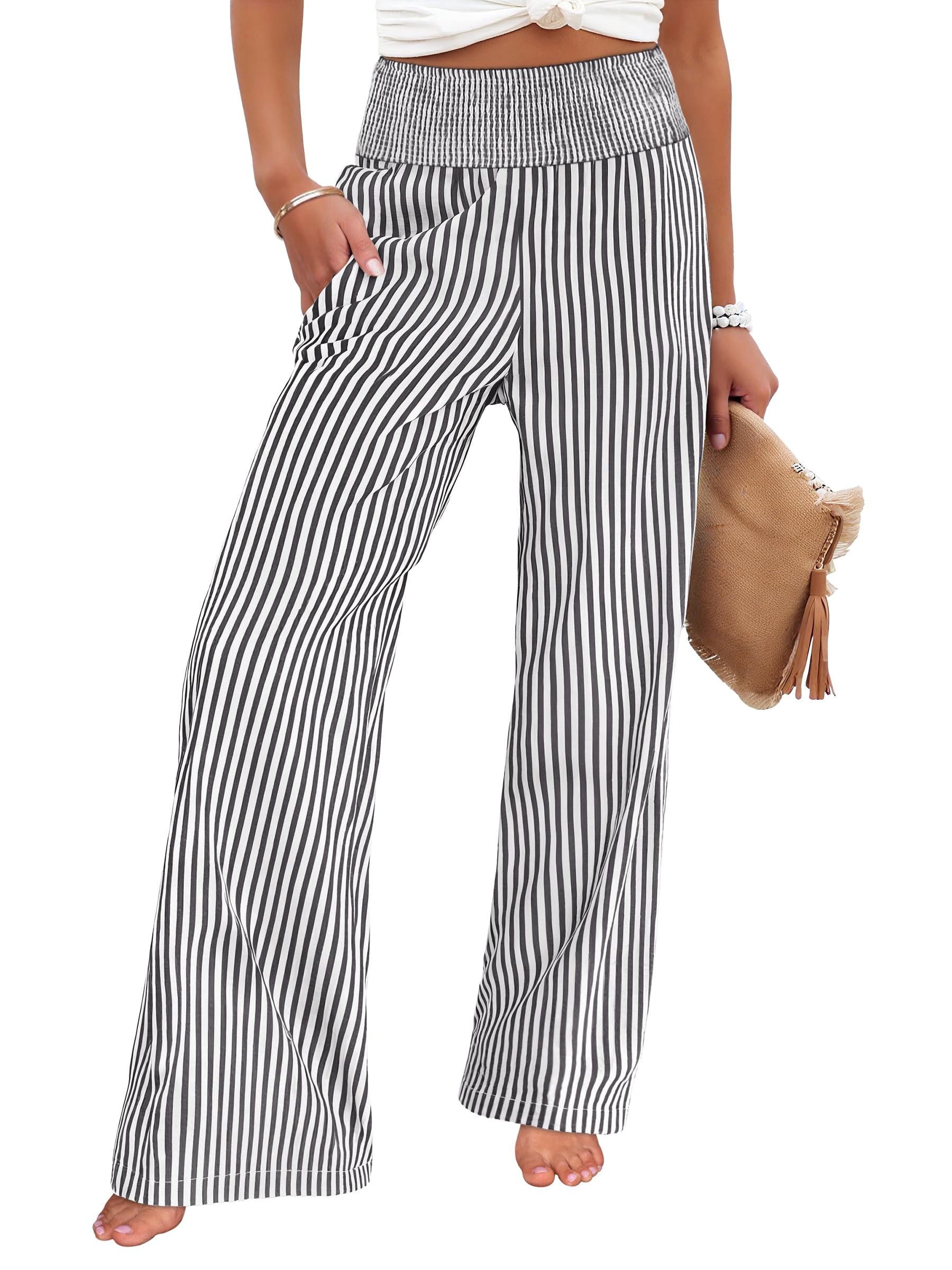 ANRABESS Womens Striped Gingham Wide Leg Palazzo Pants with Pockets
