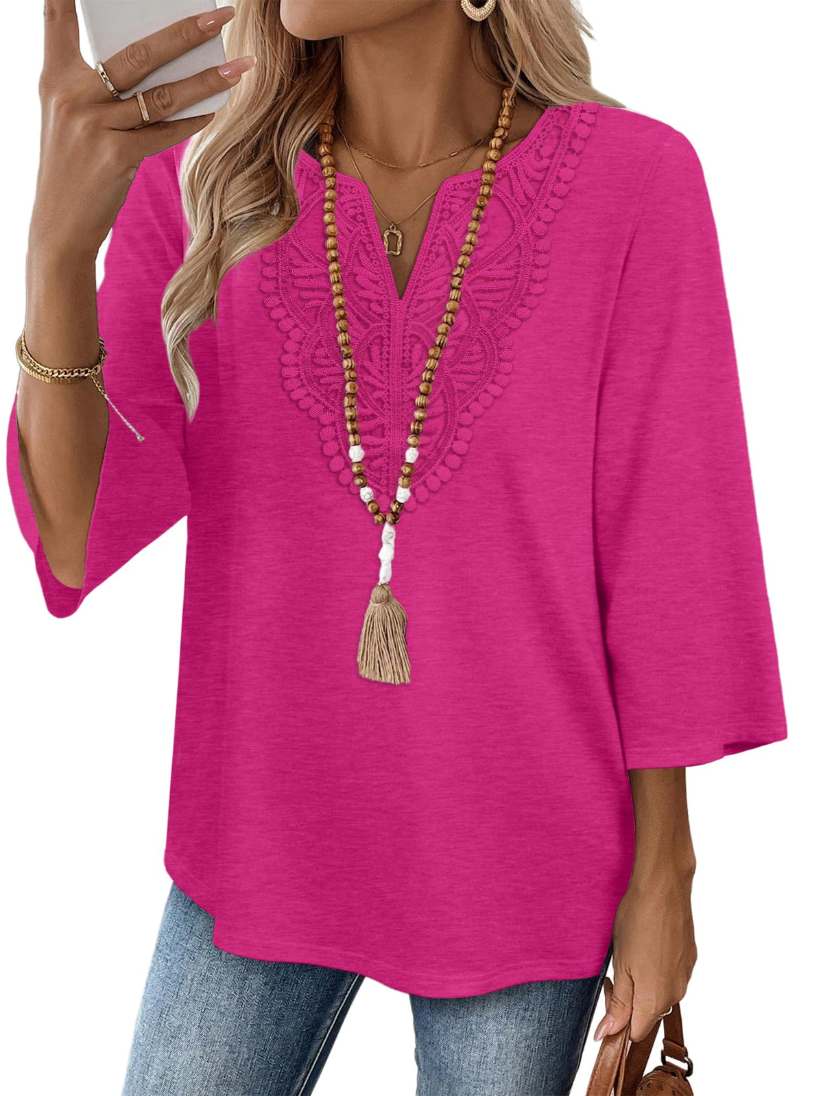WIHOLL 3/4 Length Sleeve Womens Tops Boho V Neck Lace Shirt Trendy Blouses Dressy Casual Vacation Clothes S-3XL