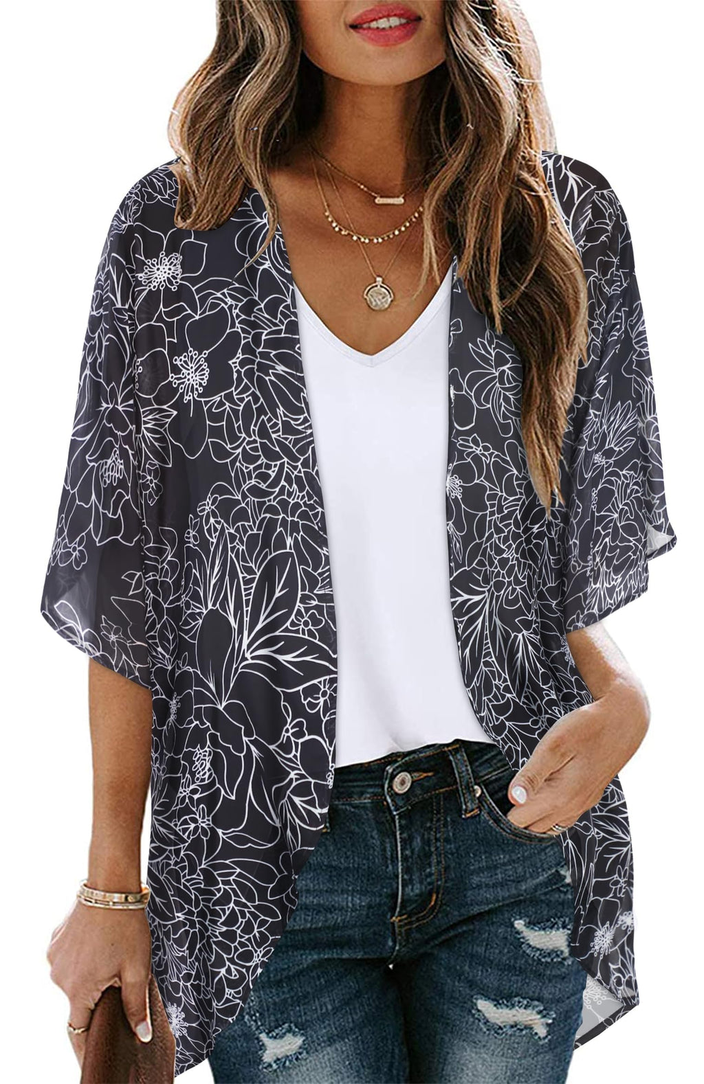 CHICGAL Womens Floral Kimono Cardigan Beach Cover Up Casual Summer Tops