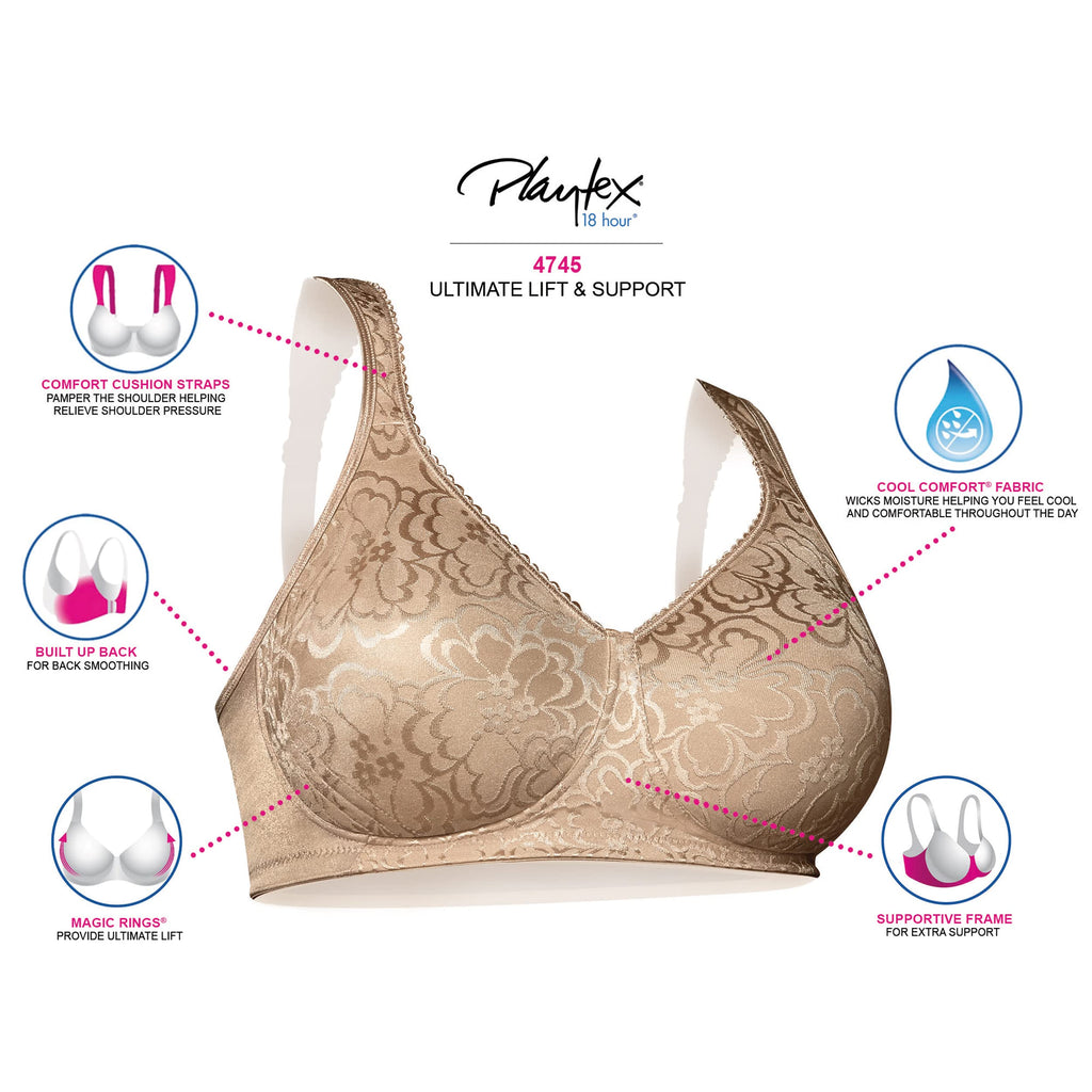 Playtex Women's Wireless Bra, 18 Hour Plus-Size Bras Available, Ultimate Lift, Moisture-Wicking, Single or 2-Pack