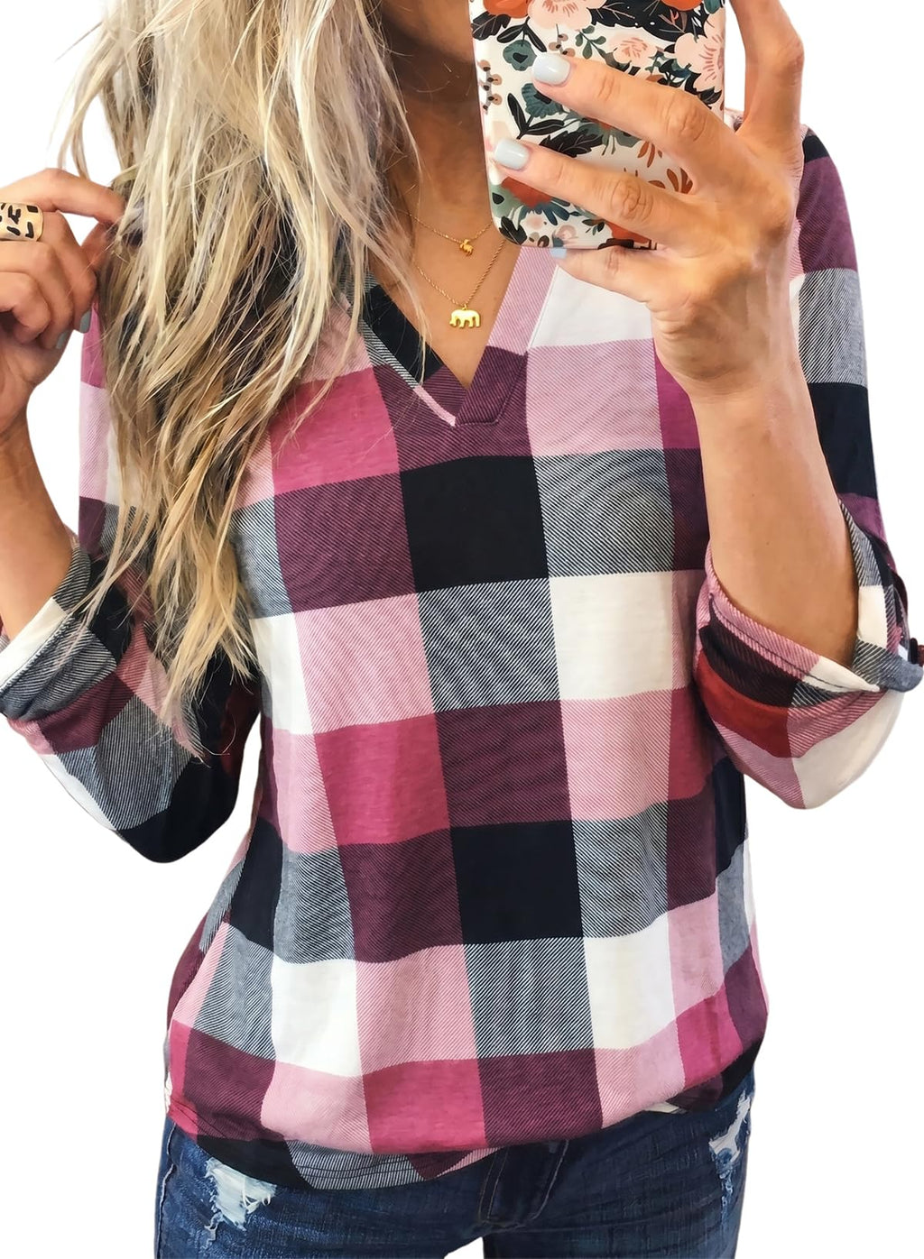 Dokotoo Womens Tops Plaid Cotton Cuffed 3/4 Sleeve Shirts Blouses