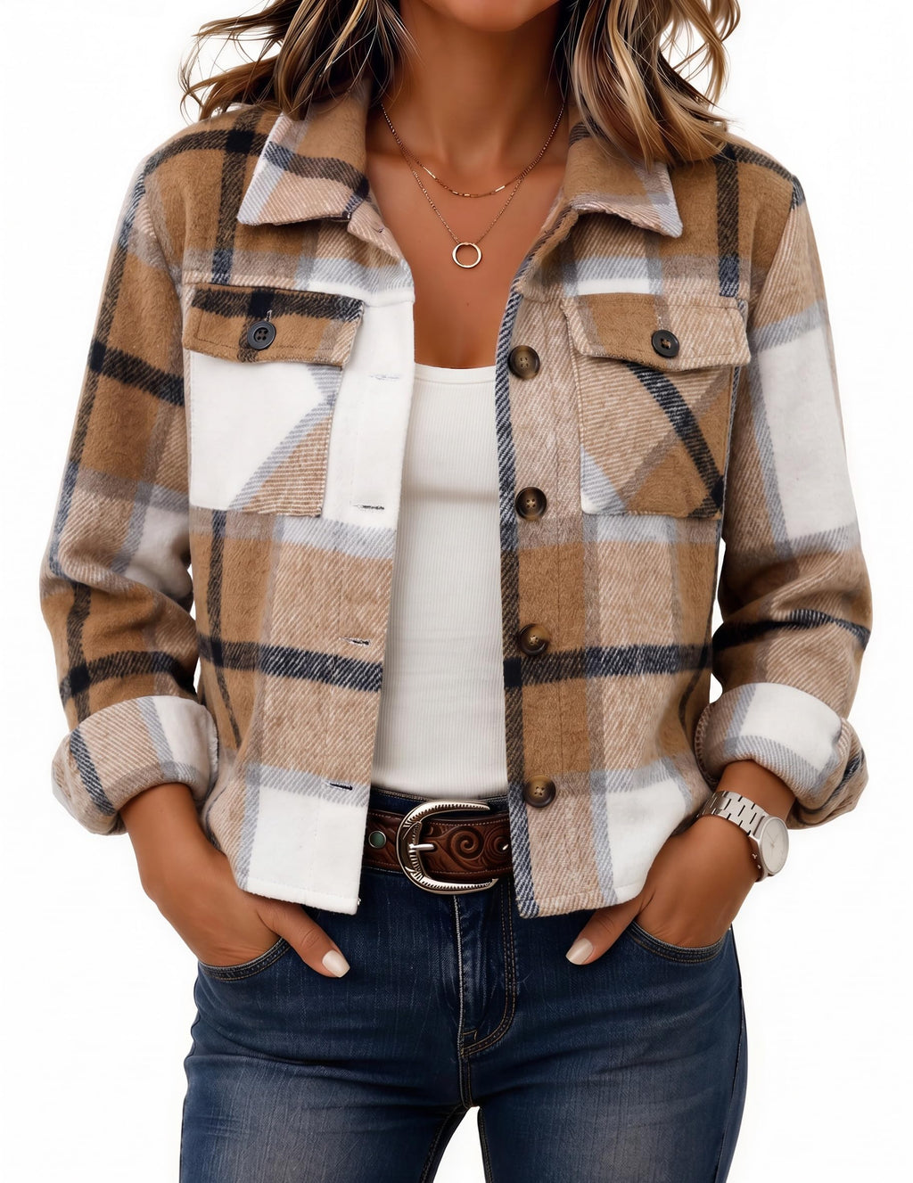 Zeagoo Flannels for Women Cropped Shacket Jacket Fashion Plaid Fall Coat