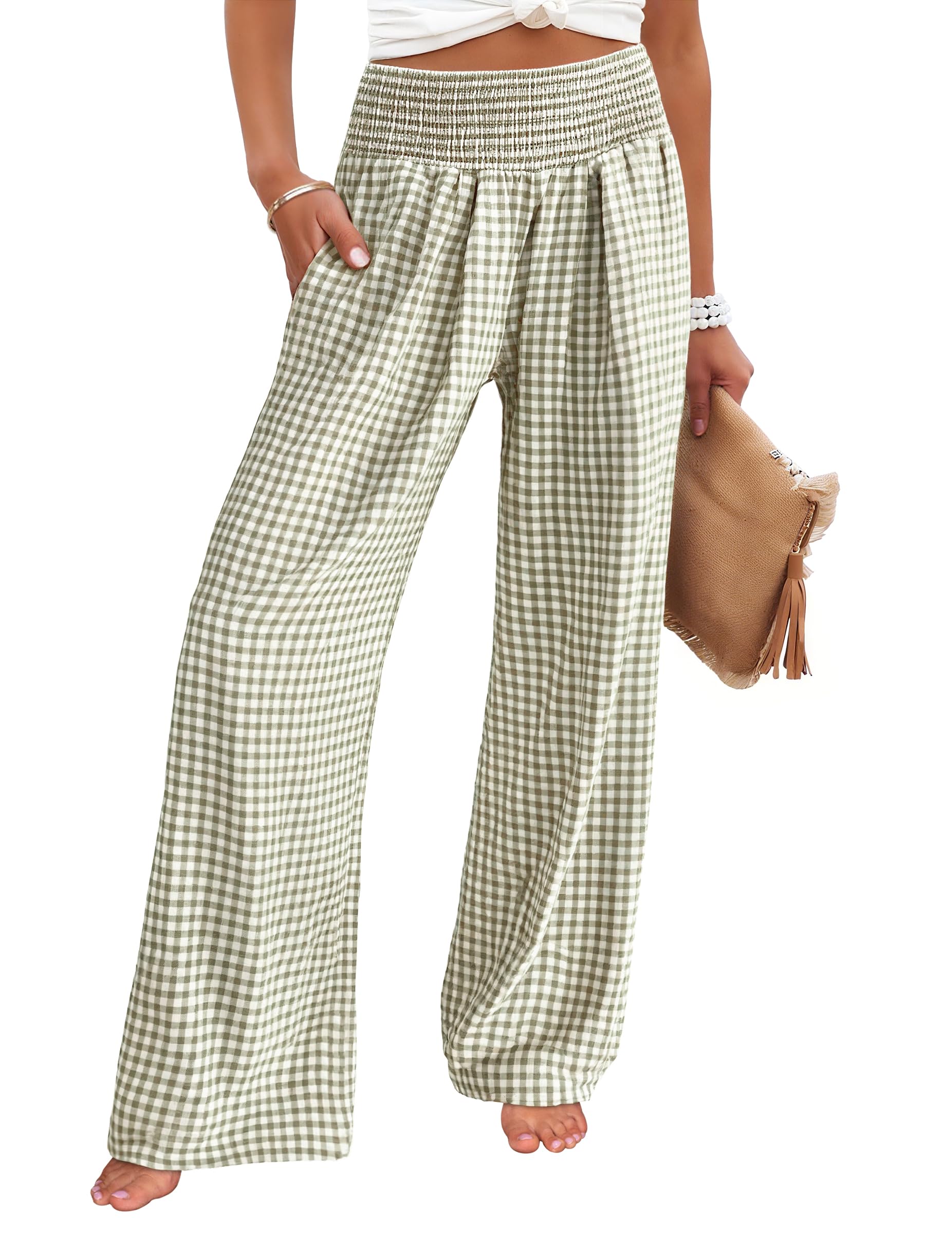 ANRABESS Womens Striped Gingham Wide Leg Palazzo Pants with Pockets
