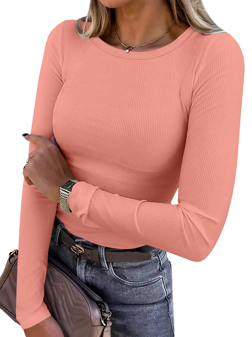ANRABESS Women Long Sleeve Shirts Ribbed Fitted Tops
