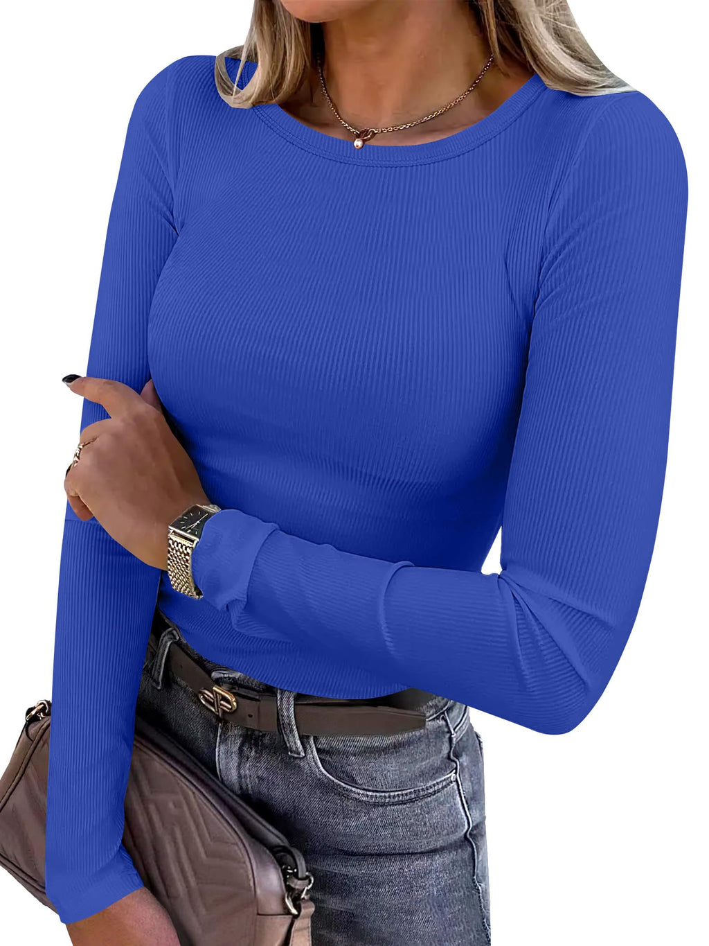 ANRABESS Women Long Sleeve Shirts Ribbed Fitted Tops