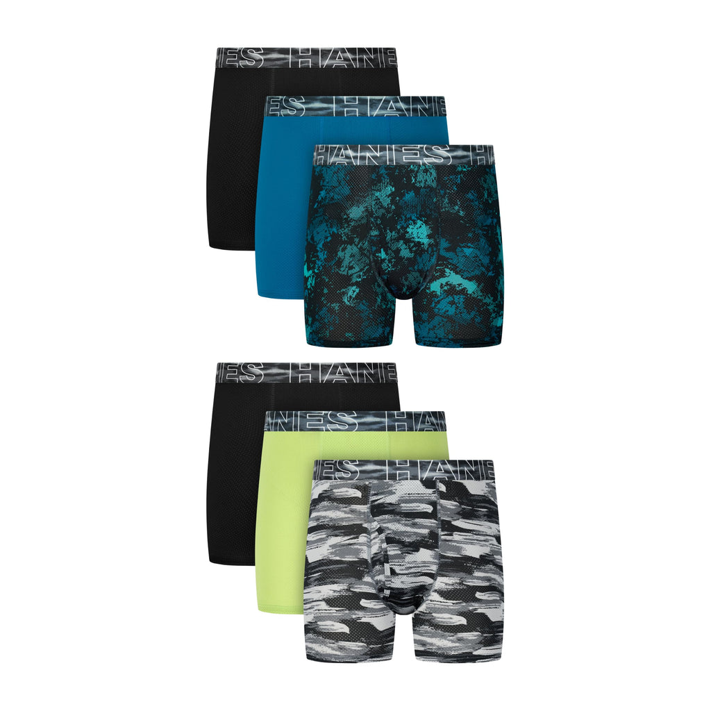 Hanes Boys' Moves Performance Underwear Boxer Brief, 6-pack, All Over Mesh Moisture Wicking Boxer Briefs