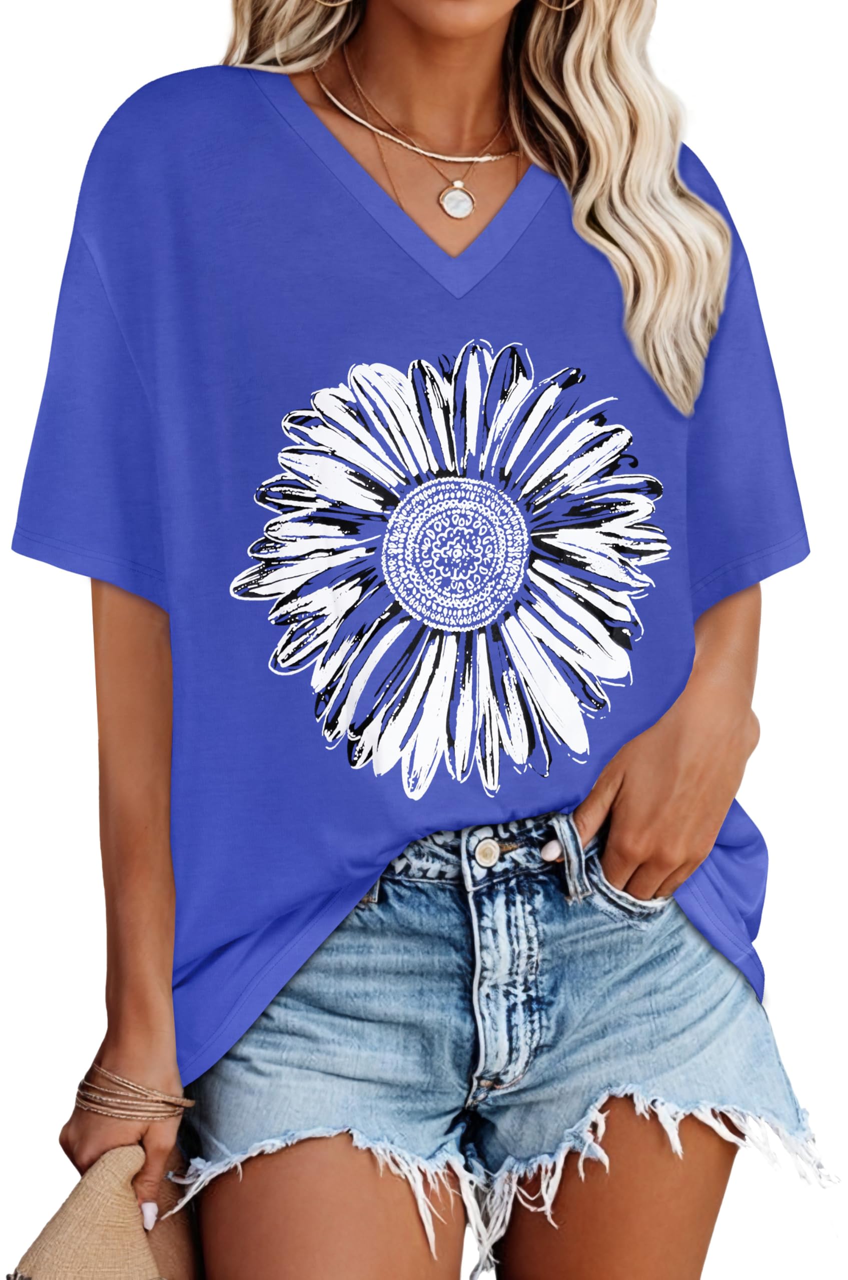 Oversized Tshirts for Women Graphic V Neck Short Sleeve Summer Casual Tops