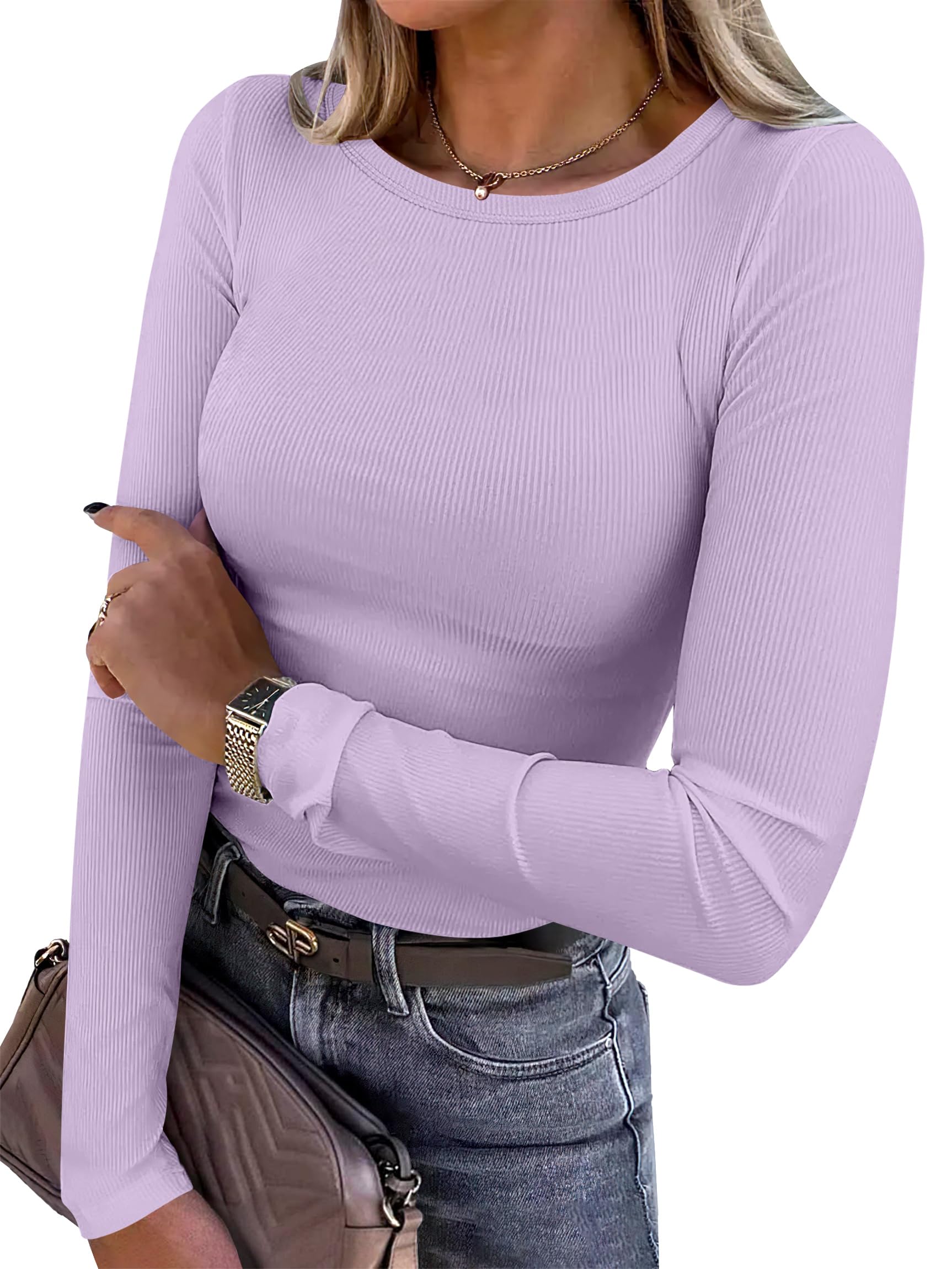 ANRABESS Women Long Sleeve Shirts Ribbed Fitted Tops