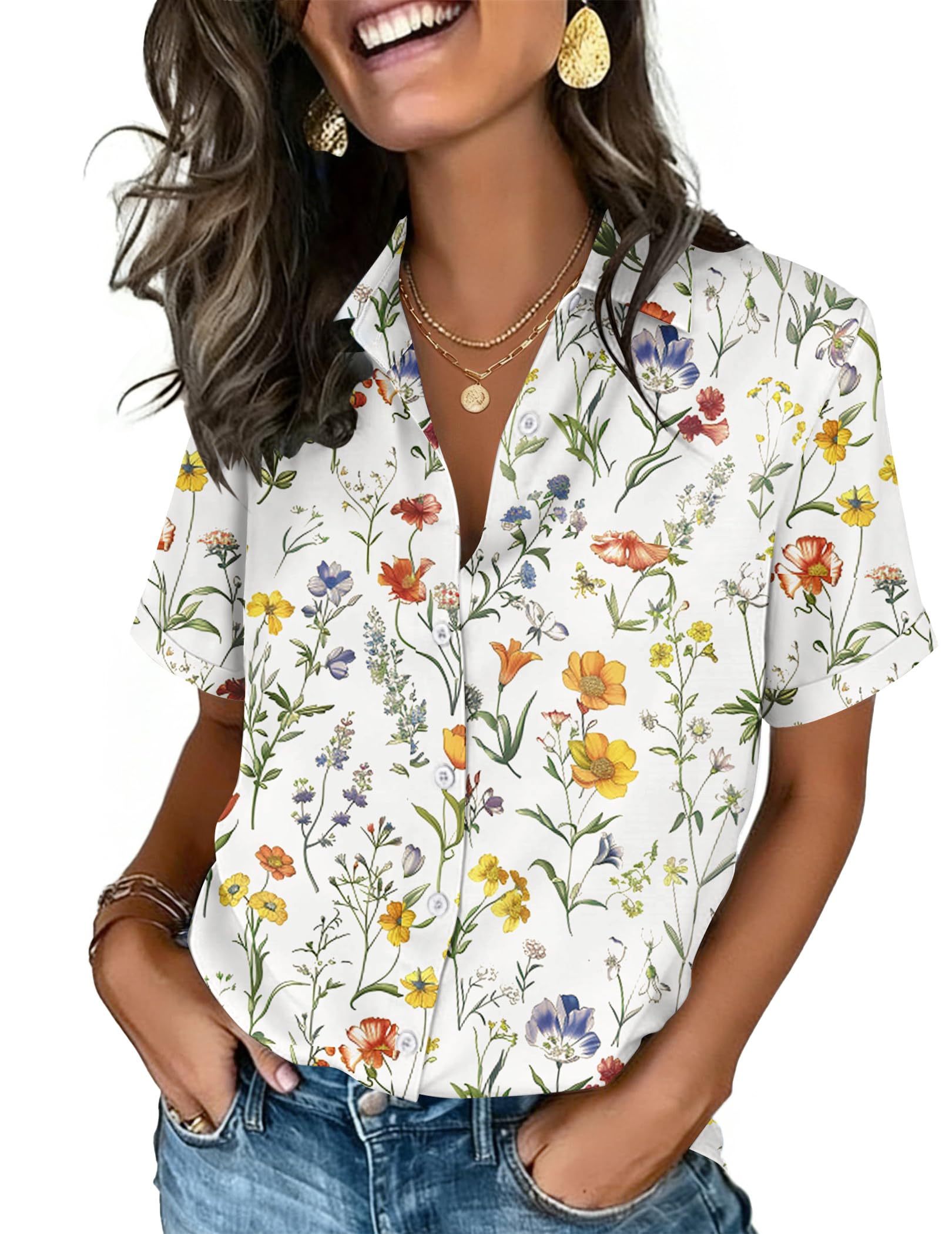 Zeagoo Button Down Shirts for Women Short Sleeve Tops Dressy Casual Blouses