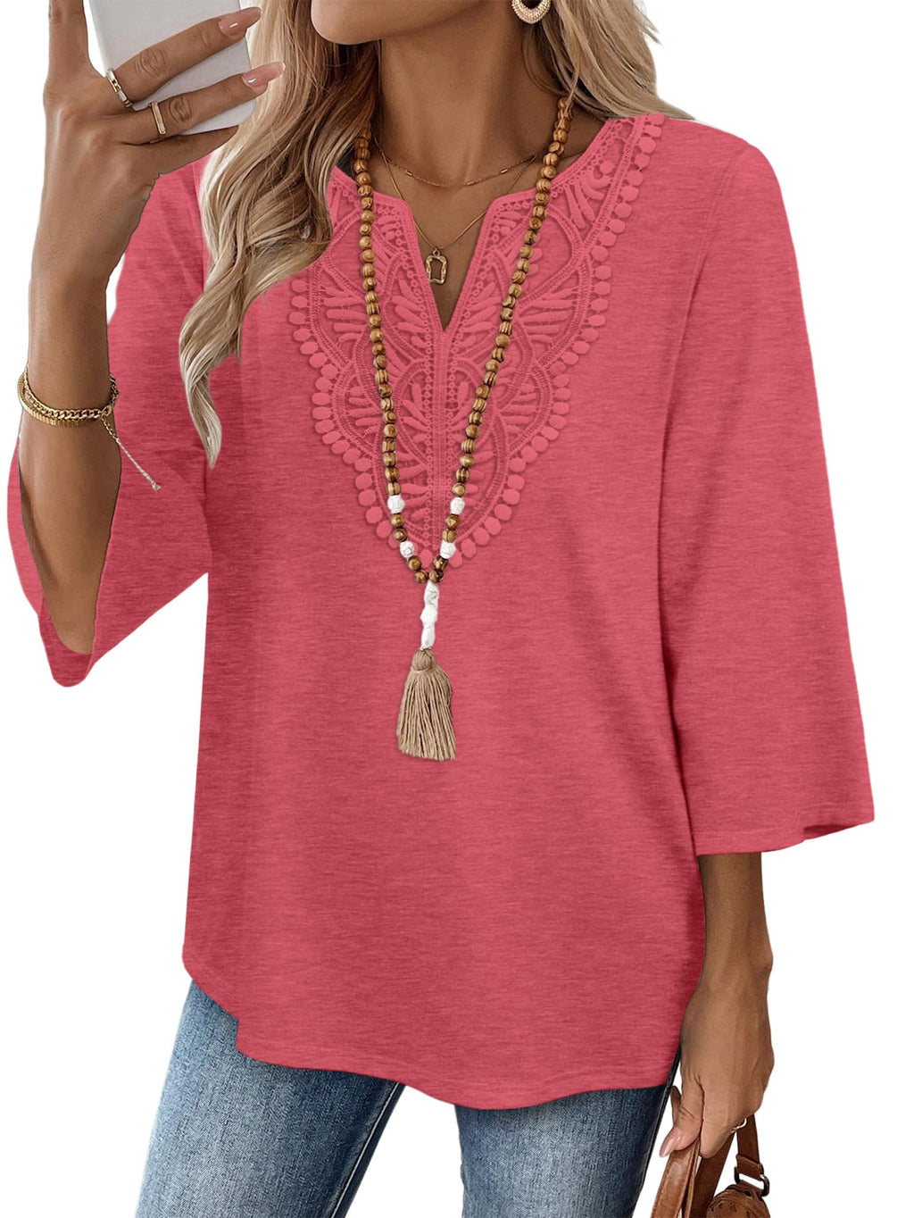 WIHOLL 3/4 Length Sleeve Womens Tops Boho V Neck Lace Shirt Trendy Blouses Dressy Casual Vacation Clothes S-3XL