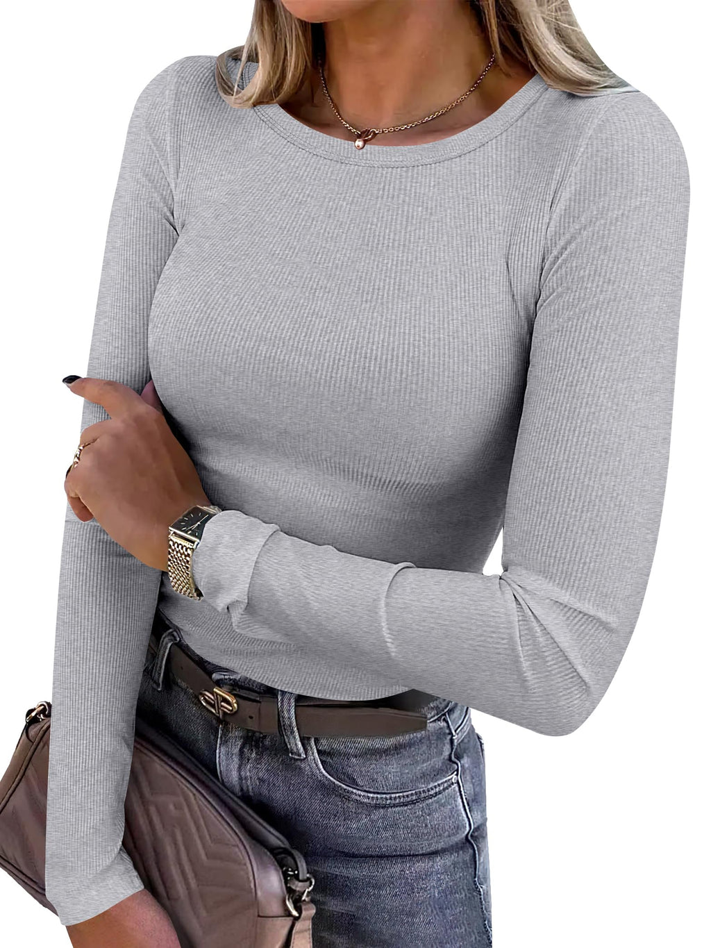 ANRABESS Women Long Sleeve Shirts Ribbed Fitted Tops