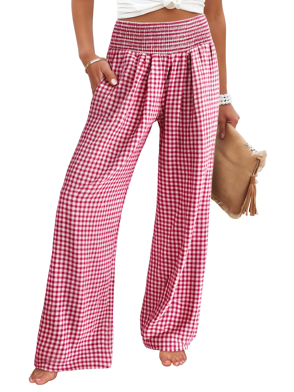 ANRABESS Womens Striped Gingham Wide Leg Palazzo Pants with Pockets