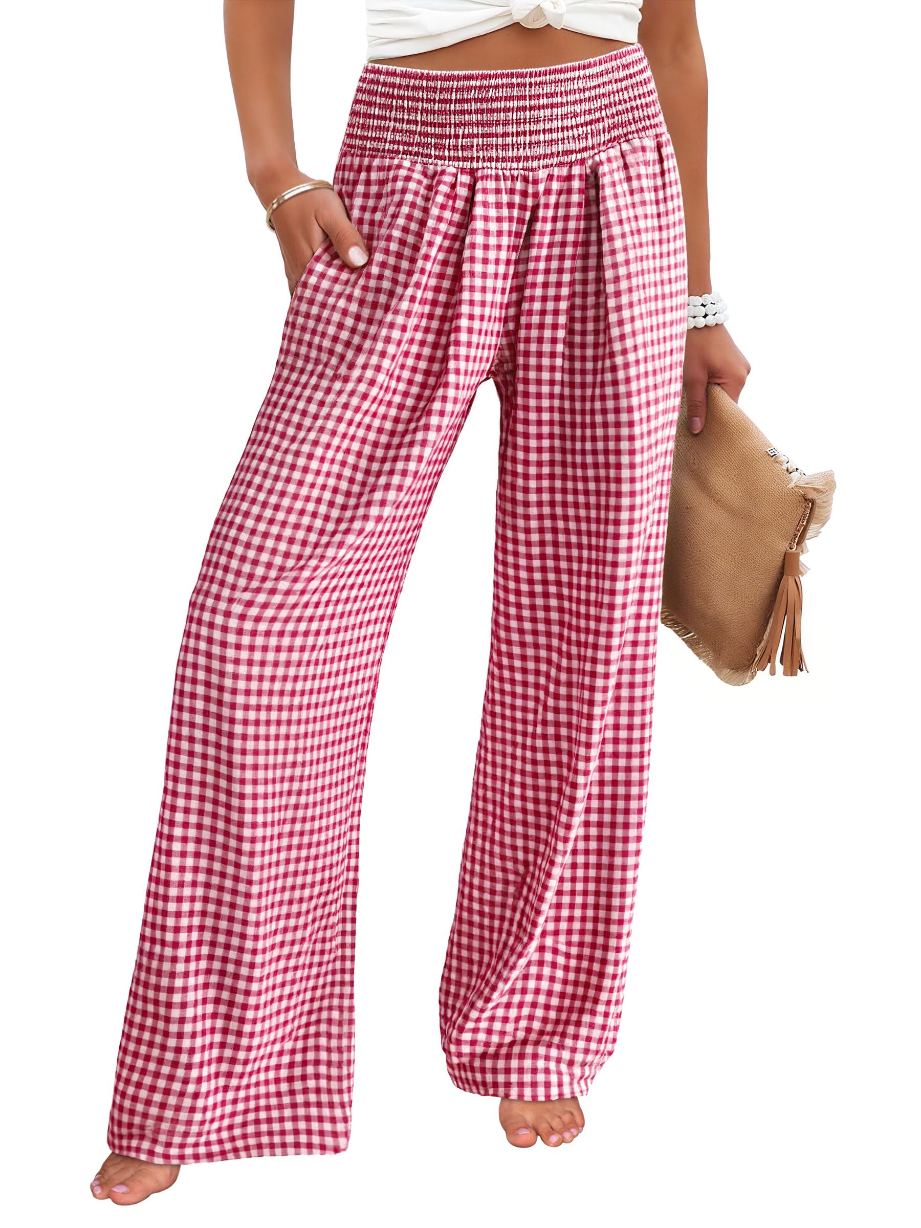 ANRABESS Womens Striped Gingham Wide Leg Palazzo Pants with Pockets
