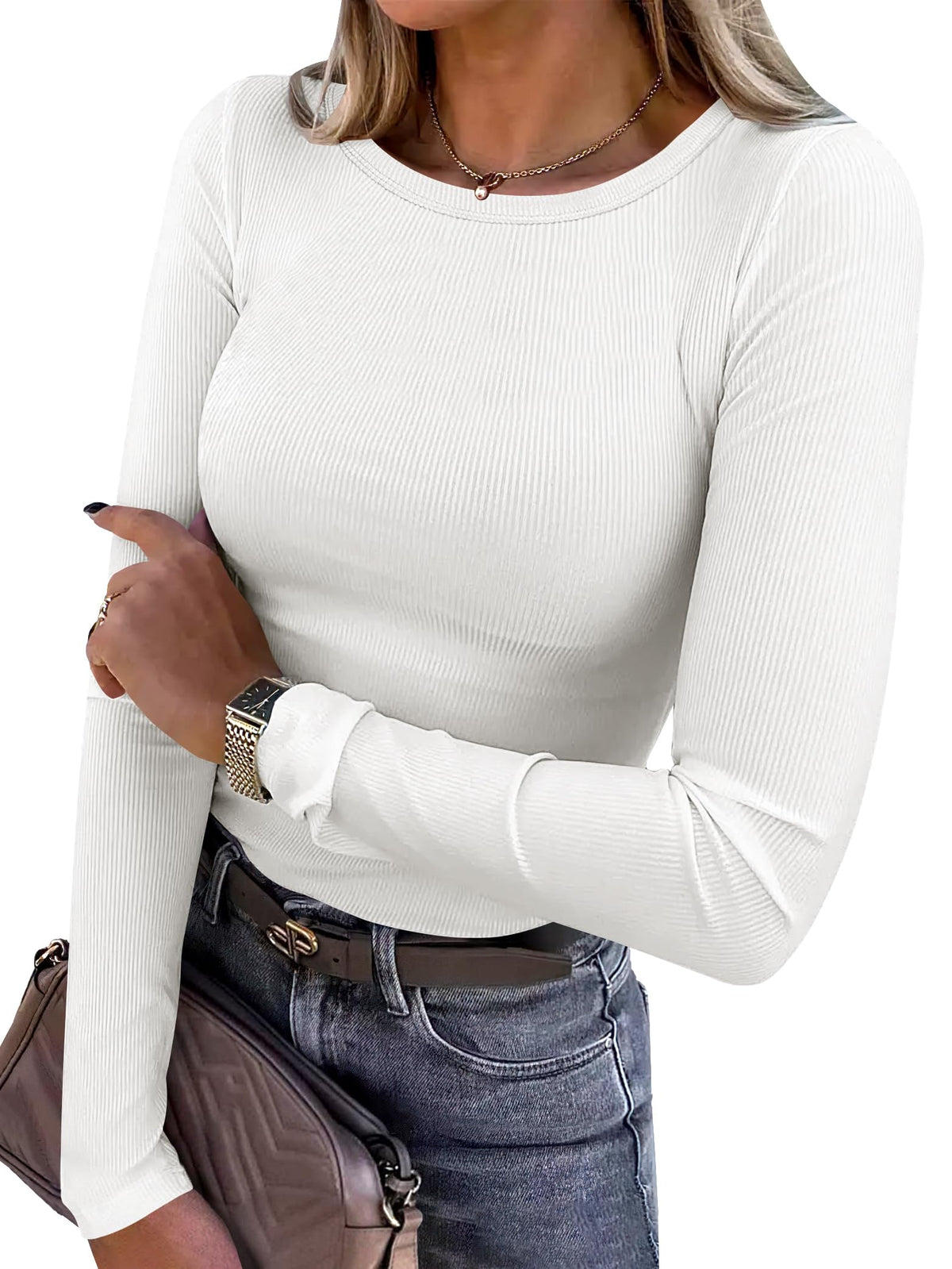 ANRABESS Women Long Sleeve Shirts Ribbed Fitted Tops