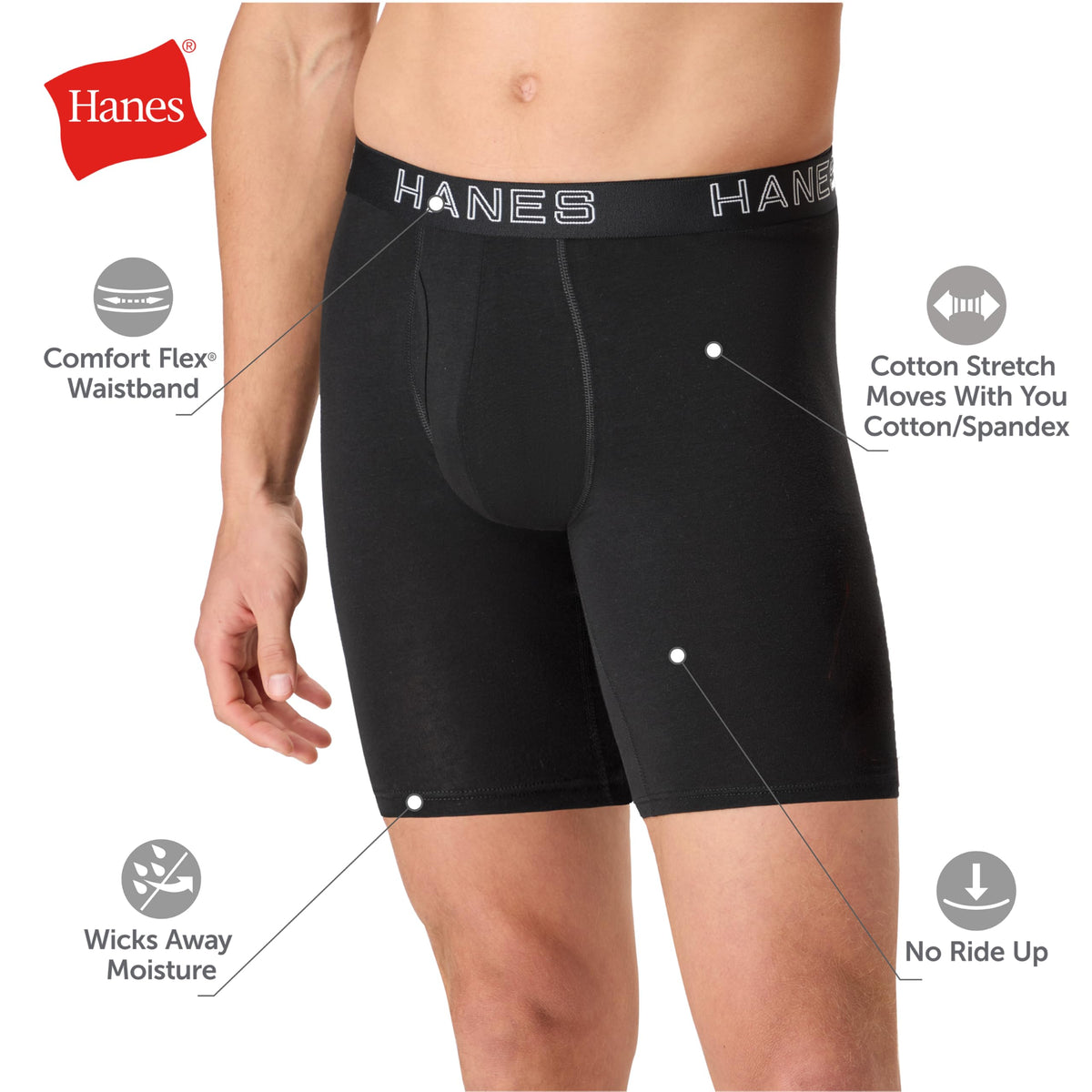 Hanes Men's Boxer Brief Underwear Pack, Stretch Cotton Boxer Briefs for Men, Moisture-wicking, 6-pack