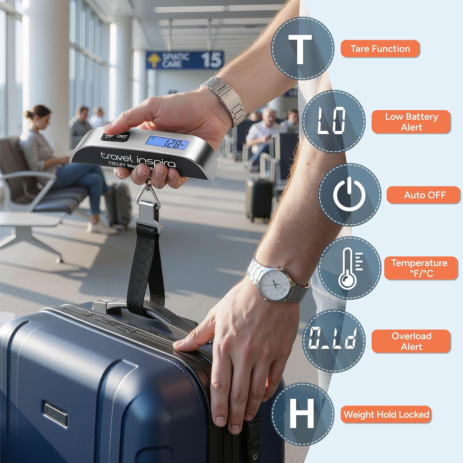 travel inspira Digital Luggage Scale – Portable Hanging Suitcase Weight Scale for Travel, 110 lb Capacity, Backlit LCD Display, Prevents Airport Overweight Fees, Battery Included