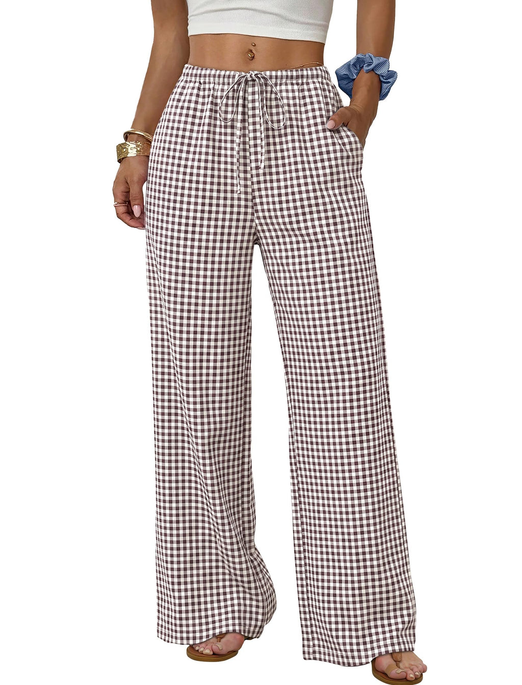 Sampeel Wide Leg Pants for Women Flowy Palazzo Drawstring Elastic Waist Trousers with Pockets Summer Beach Vacation Clothes