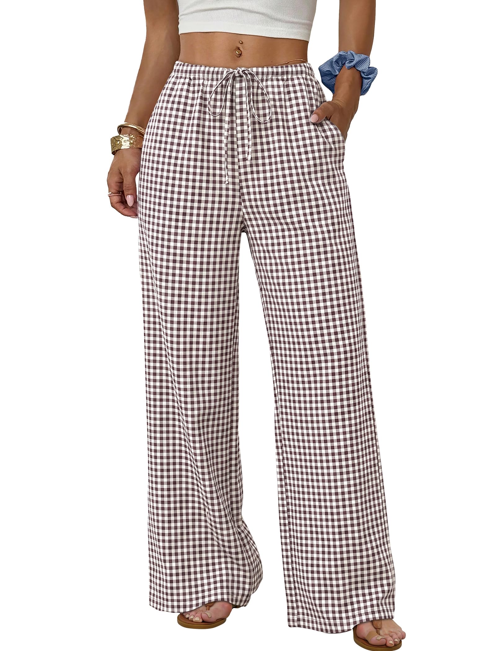 Sampeel Wide Leg Pants for Women Flowy Palazzo Drawstring Elastic Waist Trousers with Pockets Summer Beach Vacation Clothes