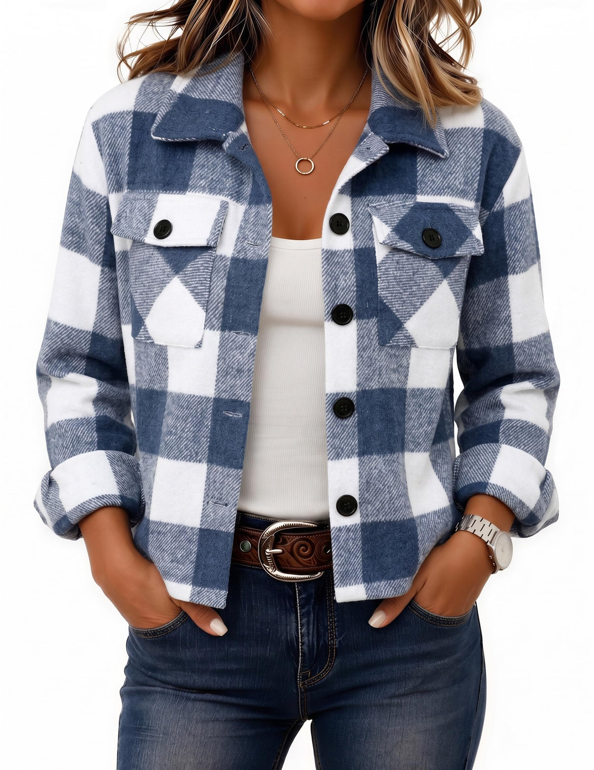 Zeagoo Flannels for Women Cropped Shacket Jacket Fashion Plaid Fall Coat