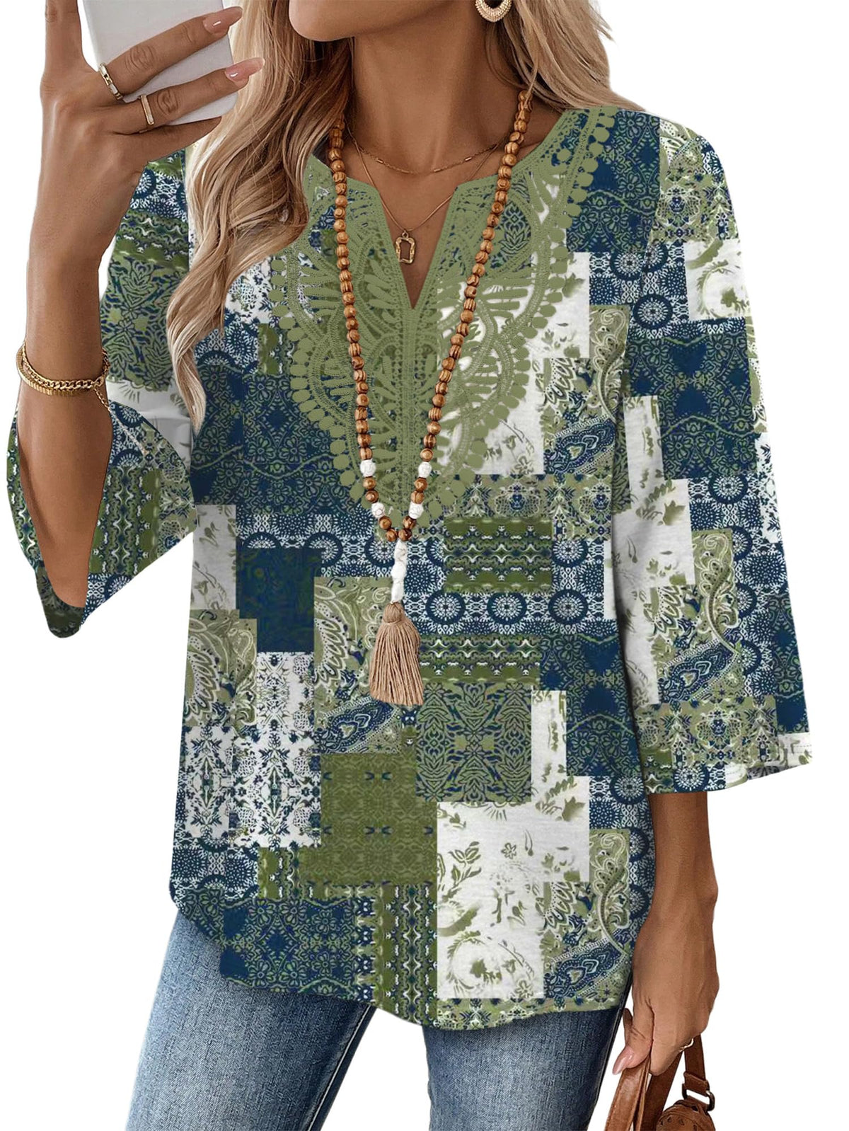 WIHOLL 3/4 Length Sleeve Womens Tops Boho V Neck Lace Shirt Trendy Blouses Dressy Casual Vacation Clothes S-3XL