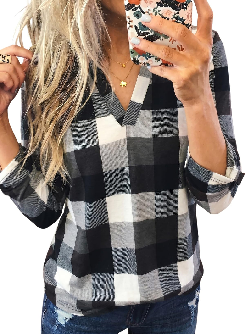 Dokotoo Womens Tops Plaid Cotton Cuffed 3/4 Sleeve Shirts Blouses