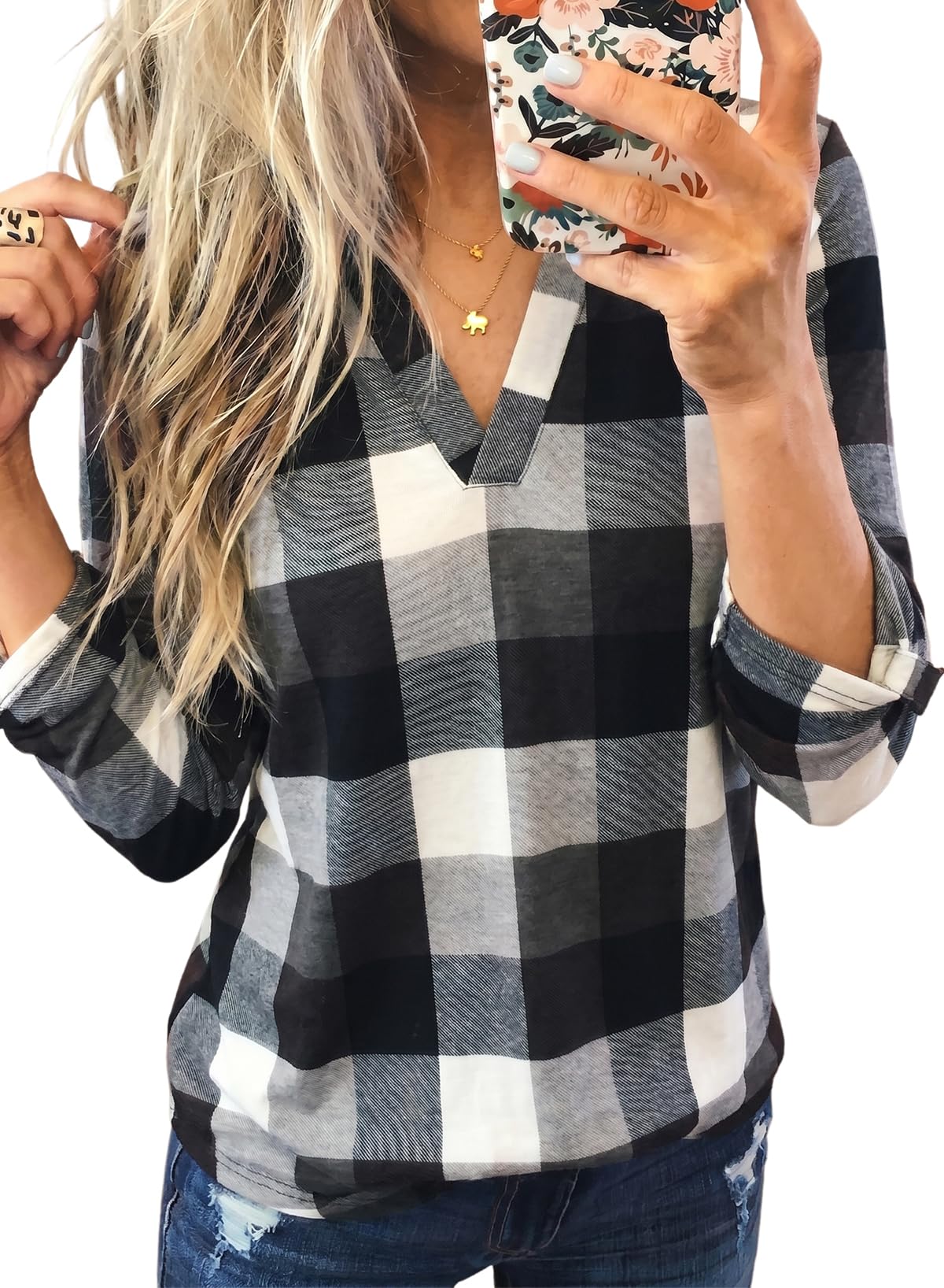 Dokotoo Womens Tops Plaid Cotton Cuffed 3/4 Sleeve Shirts Blouses