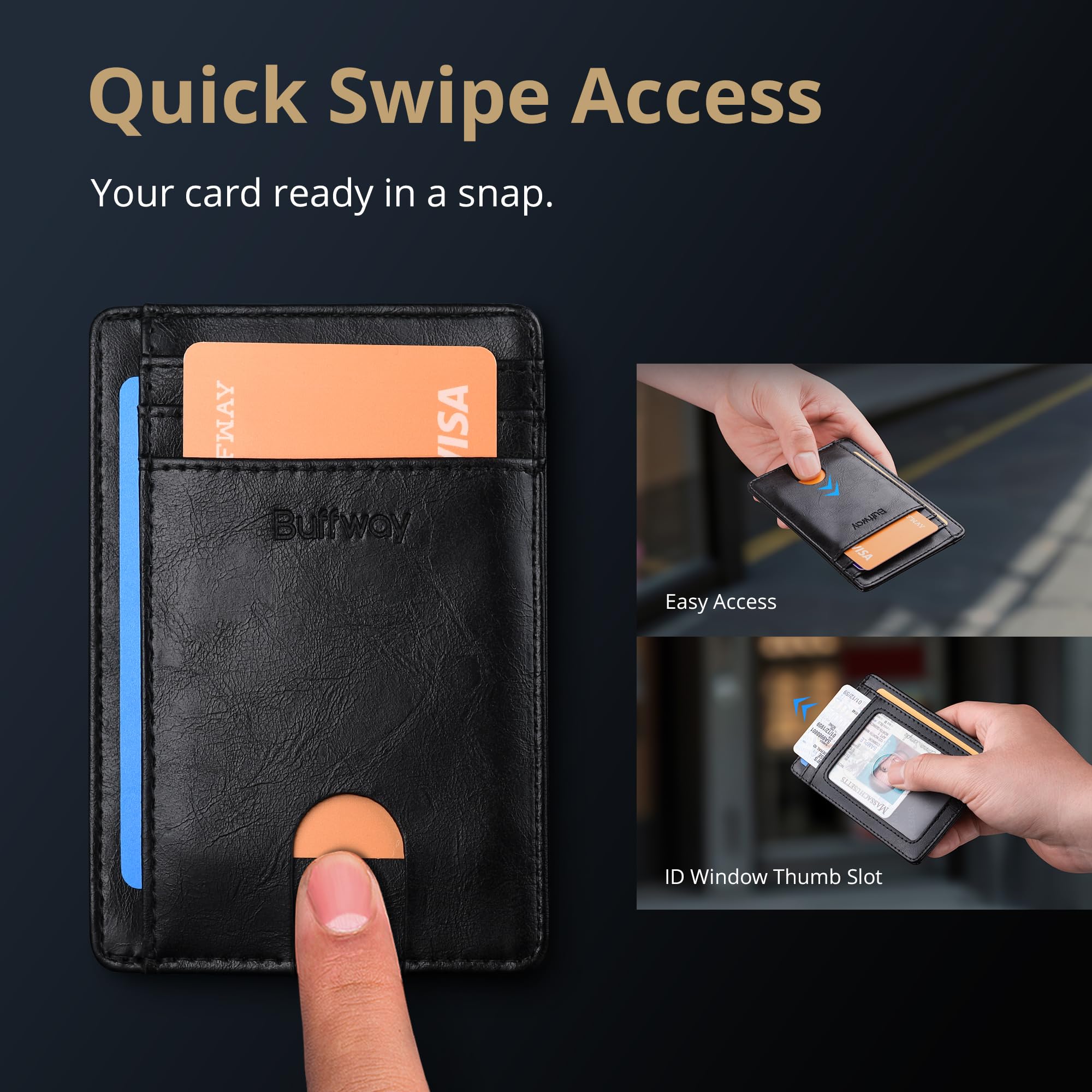 Buffway Slim Minimalist Front Pocket RFID Blocking Leather Wallets for Men and Women - Cross Black