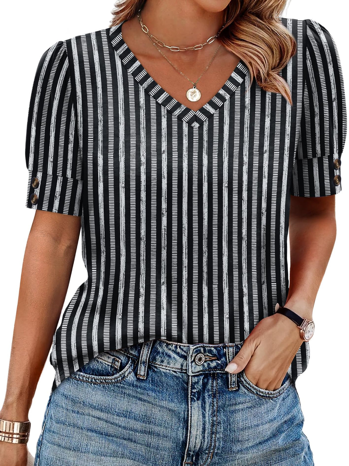OFEEFAN Womens Tops Short Sleeve Shirts Buttons V Neck Spring Fashion Summer Outfits Plus Size Blouses Dressy Casual