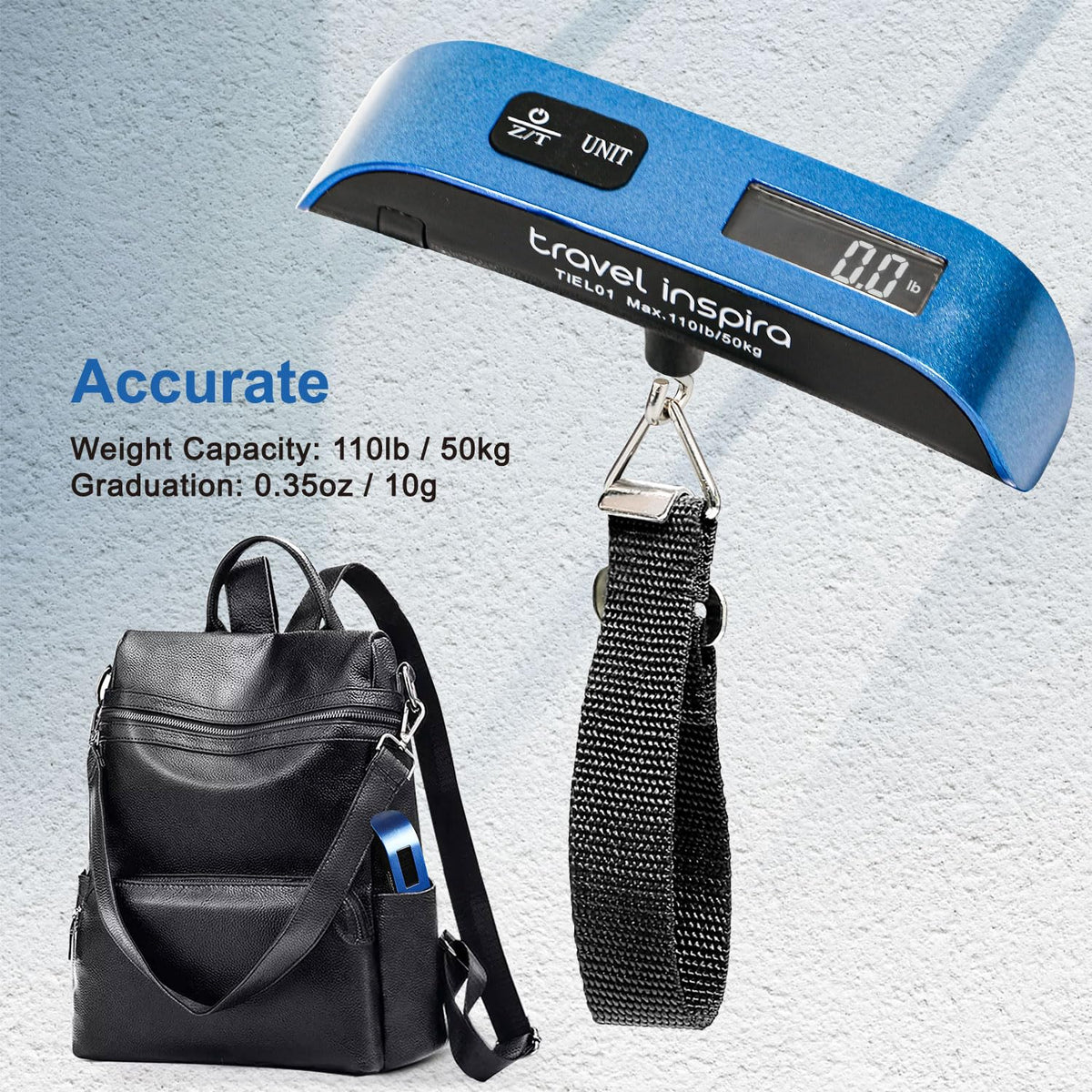 travel inspira Digital Luggage Scale – Portable Hanging Suitcase Weight Scale for Travel, 110 lb Capacity, Backlit LCD Display, Prevents Airport Overweight Fees, Battery Included