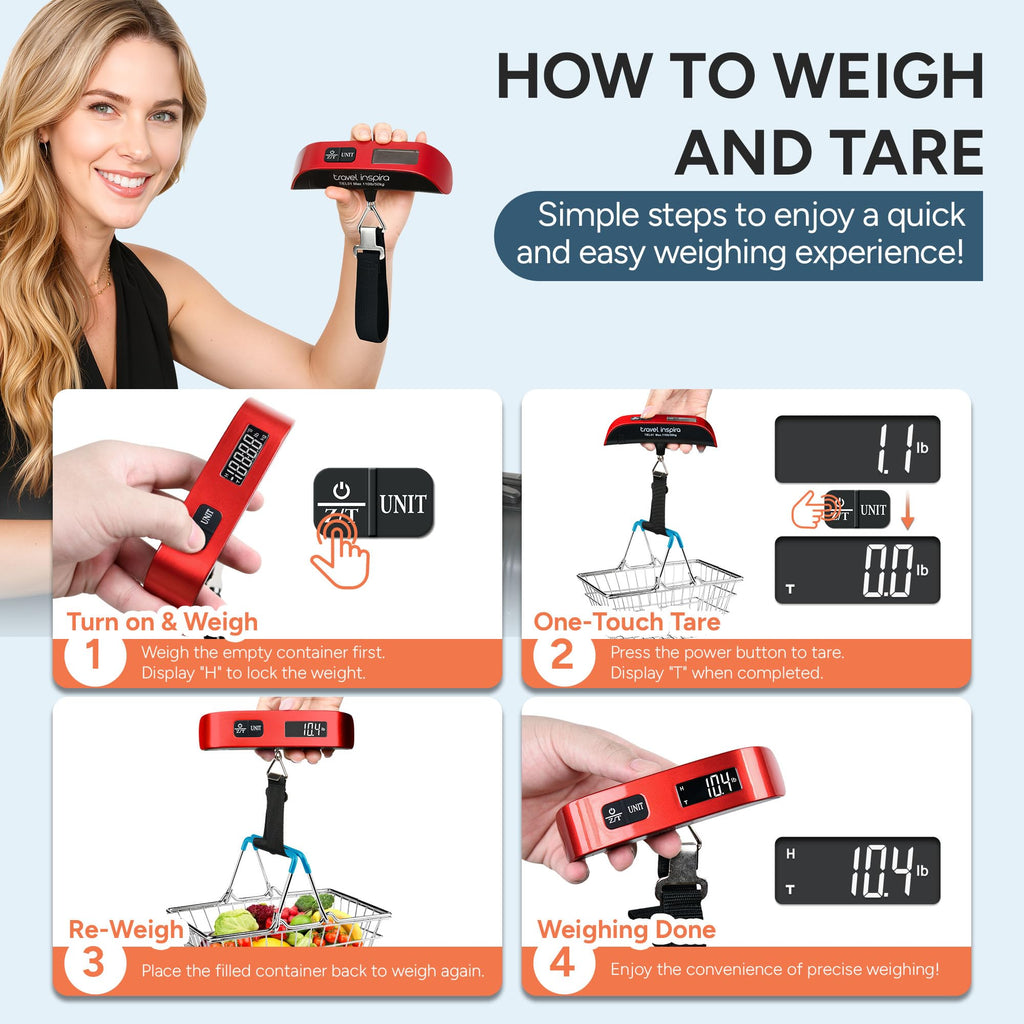 travel inspira Digital Luggage Scale – Portable Hanging Suitcase Weight Scale for Travel, 110 lb Capacity, Backlit LCD Display, Prevents Airport Overweight Fees, Battery Included