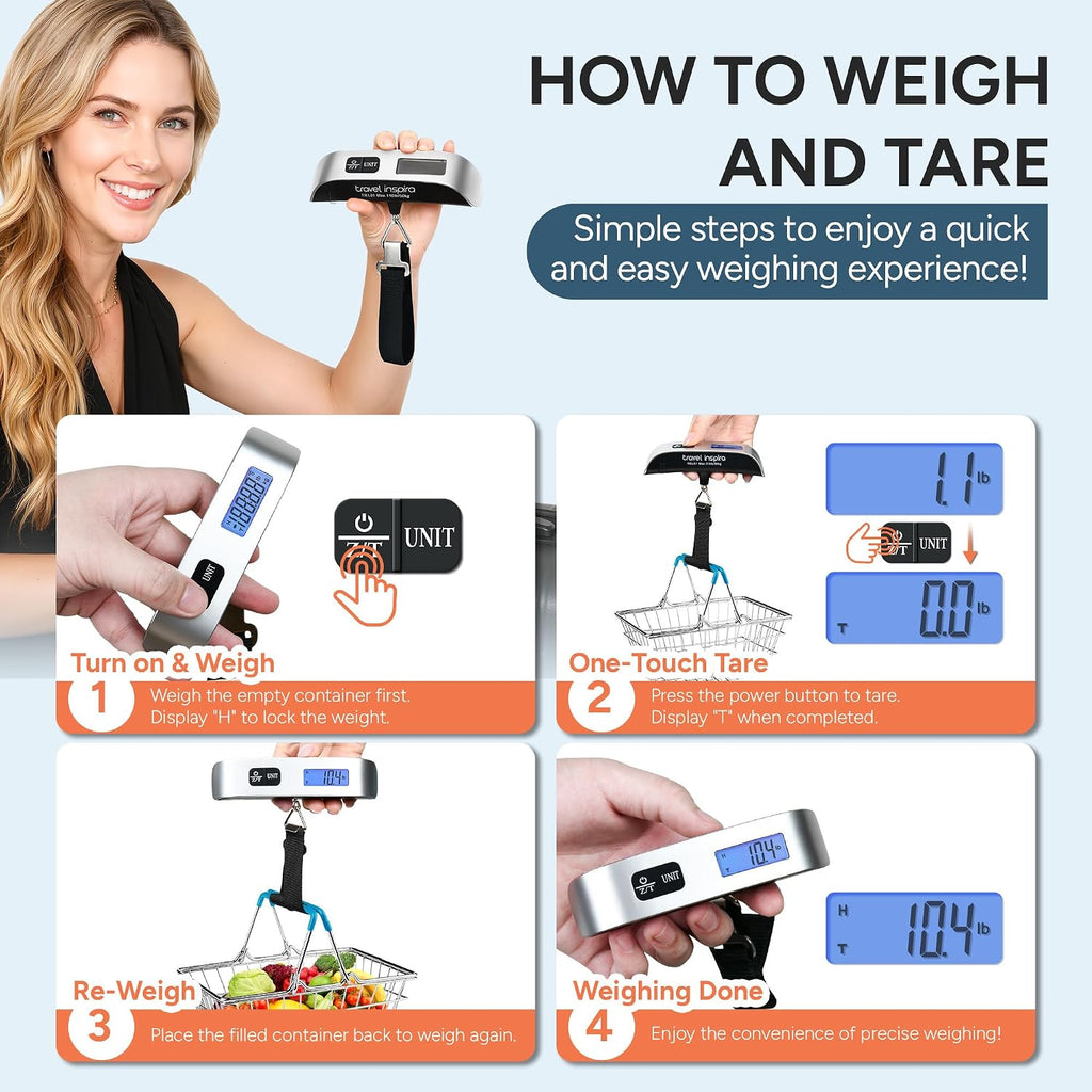 travel inspira Digital Luggage Scale – Portable Hanging Suitcase Weight Scale for Travel, 110 lb Capacity, Backlit LCD Display, Prevents Airport Overweight Fees, Battery Included