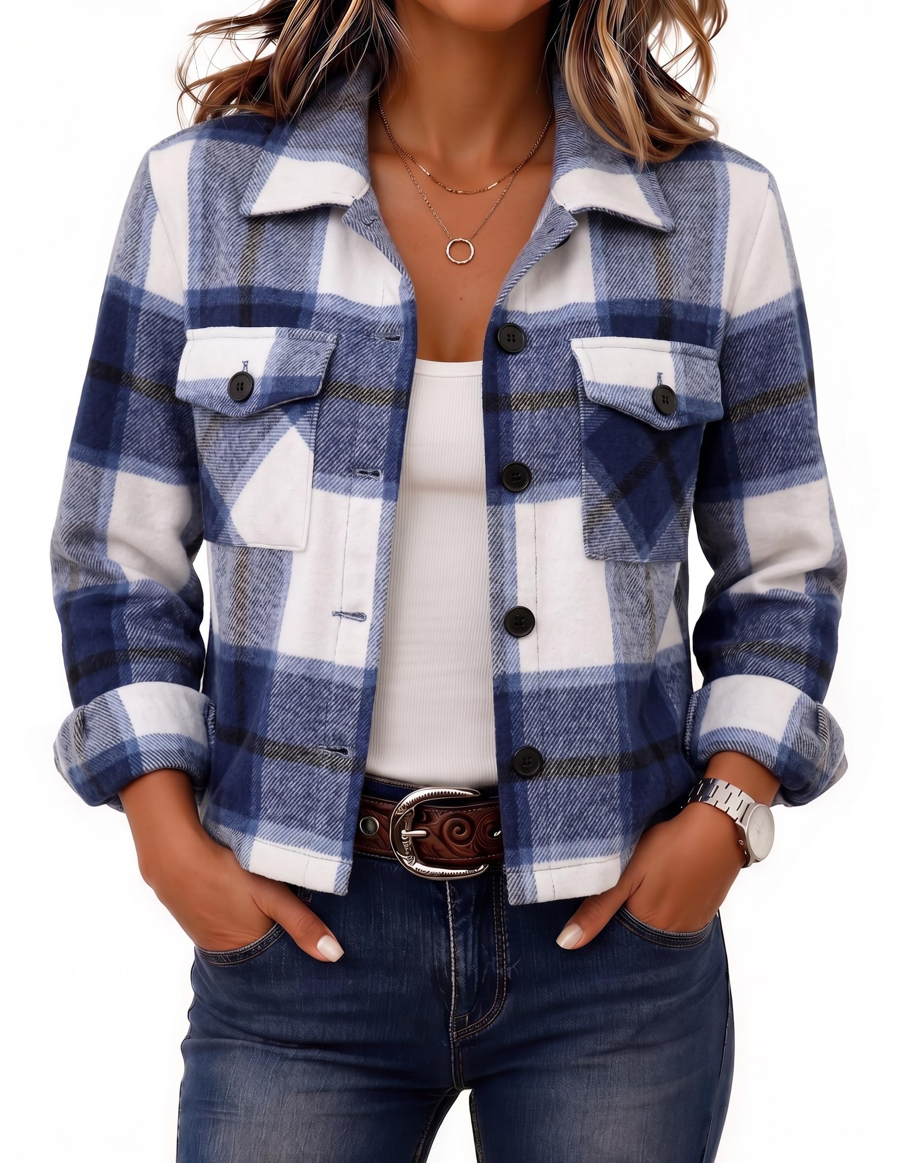 Zeagoo Flannels for Women Cropped Shacket Jacket Fashion Plaid Fall Coat