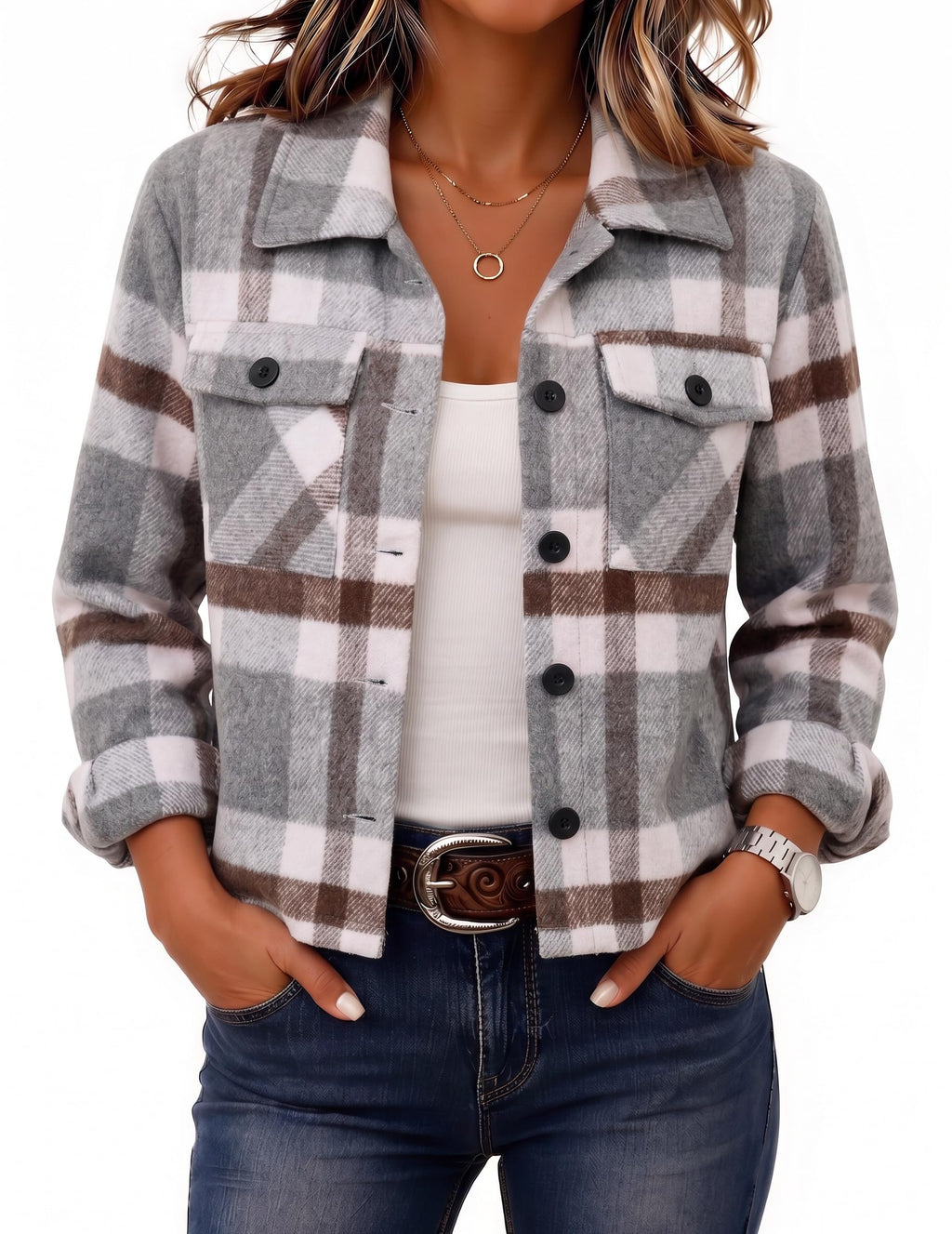 Zeagoo Flannels for Women Cropped Shacket Jacket Fashion Plaid Fall Coat