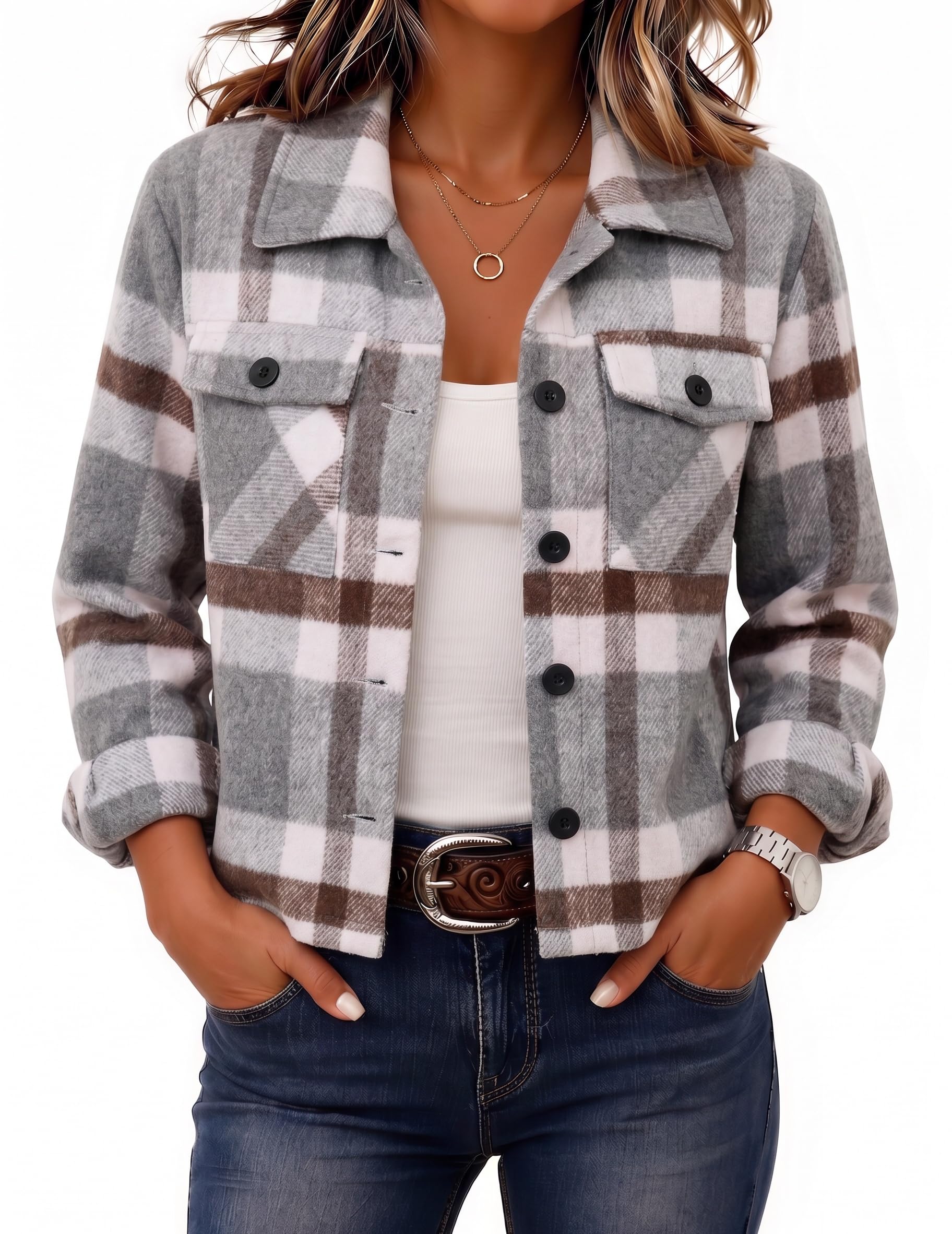 Zeagoo Flannels for Women Cropped Shacket Jacket Fashion Plaid Fall Coat