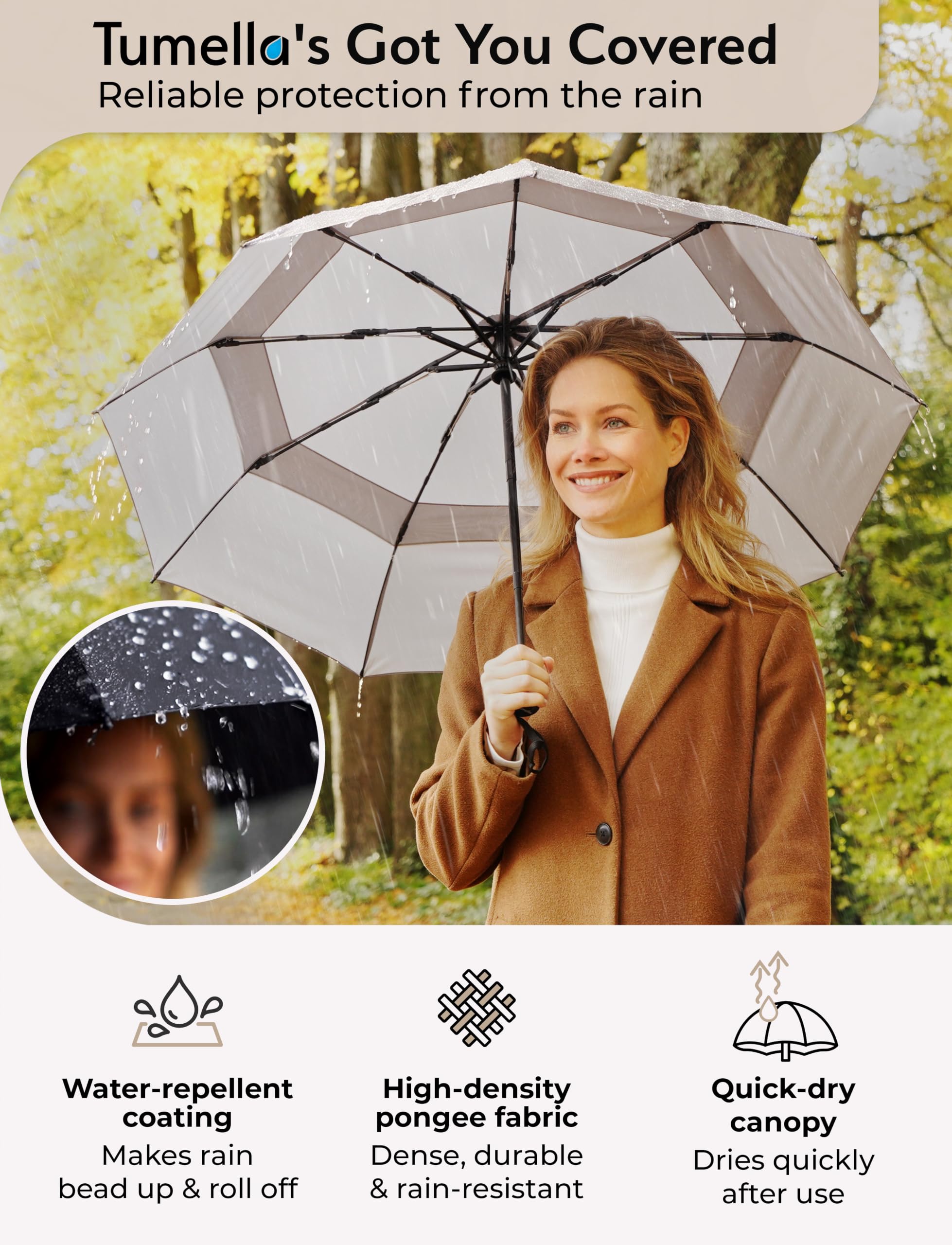 TUMELLA Strongest Windproof Travel Umbrella (Compact, 100MPH Wind-Tested), Light, Portable, One-Handed Use, Automatic Folding Rain Umbrella, Durable, Premium Grip, Fits Car & Backpack