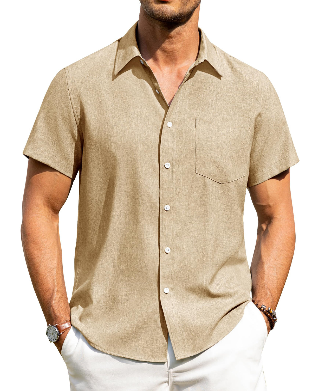 Alimens & Gentle Mens Linen Shirts Short Sleeve Button Down Shirts Wrinkle Free Casual Vacation Beach Summer Tops
