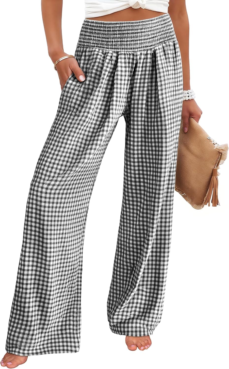 ANRABESS Womens Striped Gingham Wide Leg Palazzo Pants with Pockets