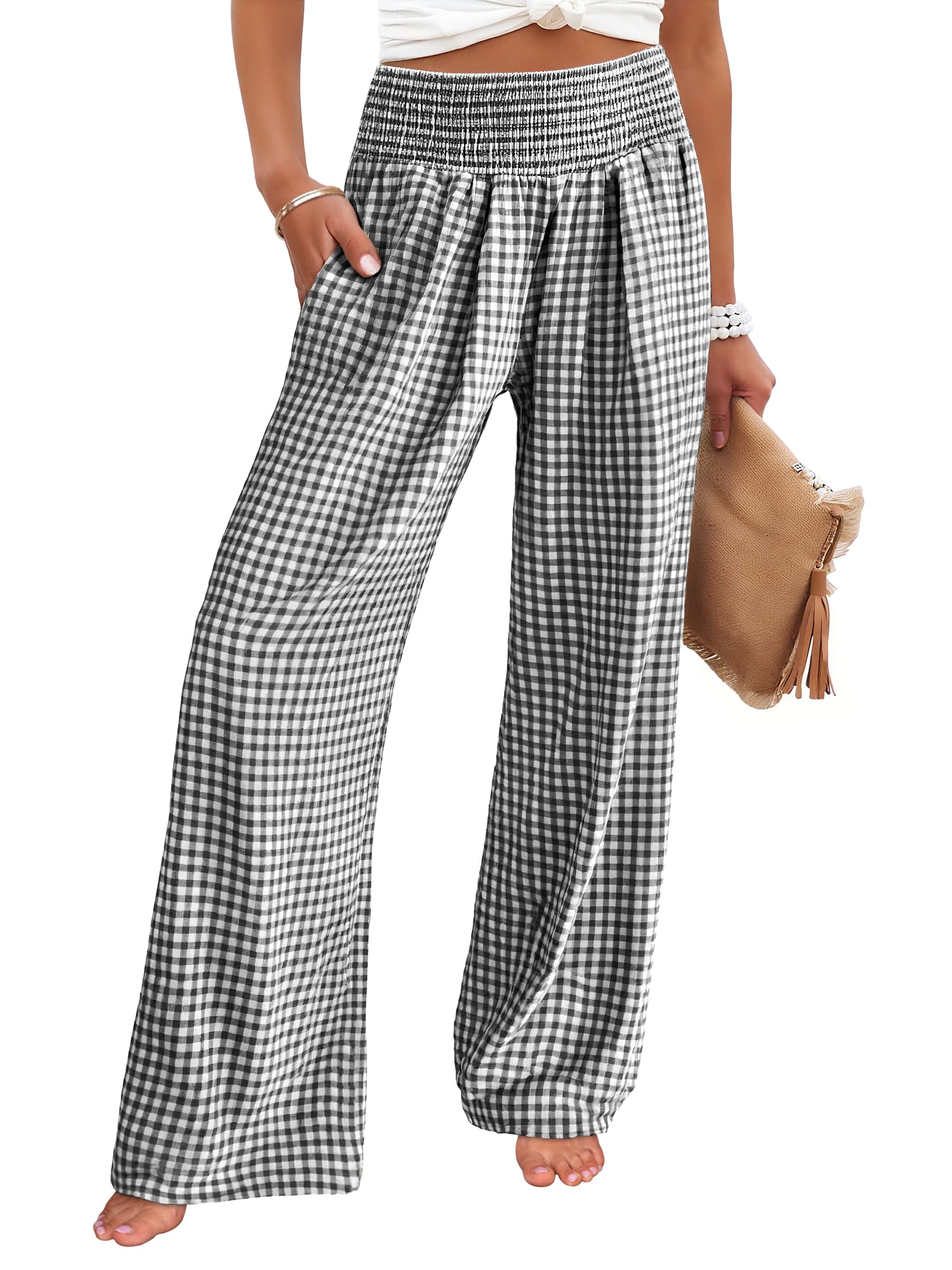 ANRABESS Womens Striped Gingham Wide Leg Palazzo Pants with Pockets