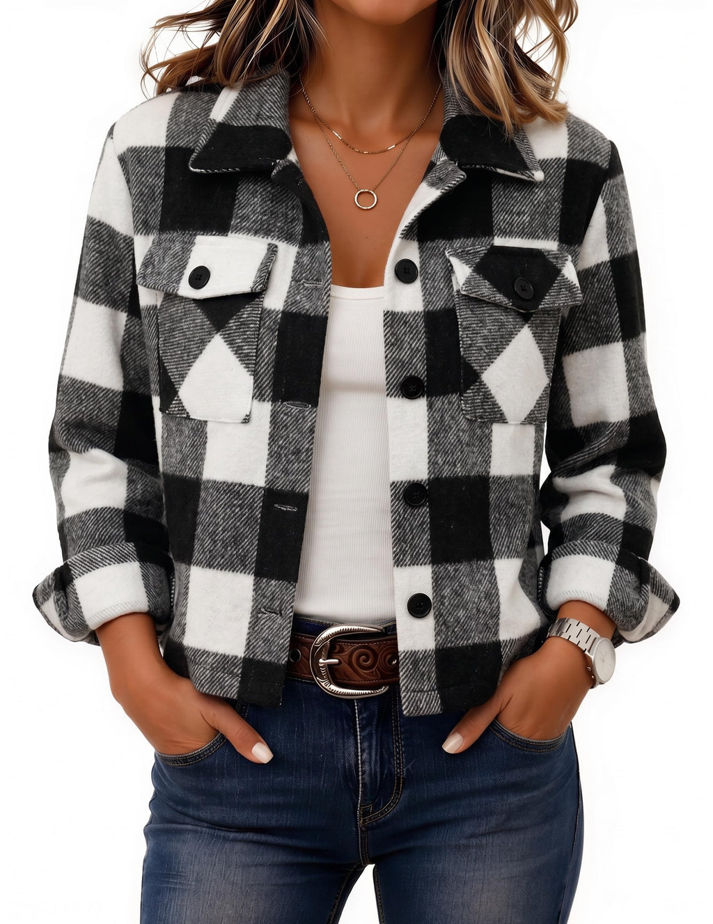 Zeagoo Flannels for Women Cropped Shacket Jacket Fashion Plaid Fall Coat