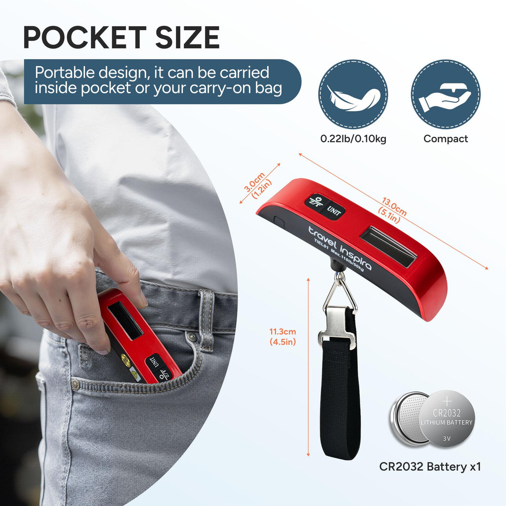 travel inspira Digital Luggage Scale – Portable Hanging Suitcase Weight Scale for Travel, 110 lb Capacity, Backlit LCD Display, Prevents Airport Overweight Fees, Battery Included