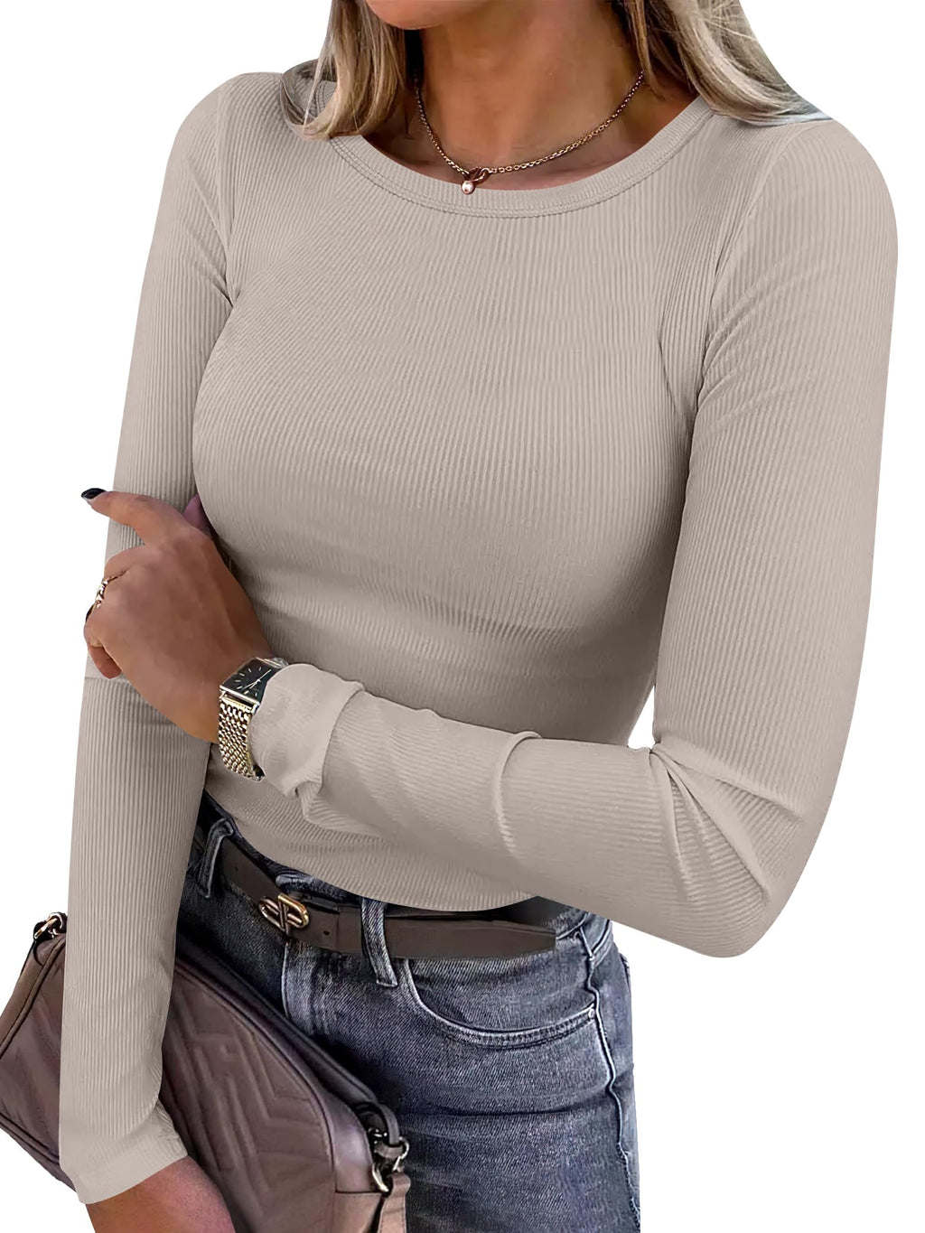 ANRABESS Women Long Sleeve Shirts Ribbed Fitted Tops