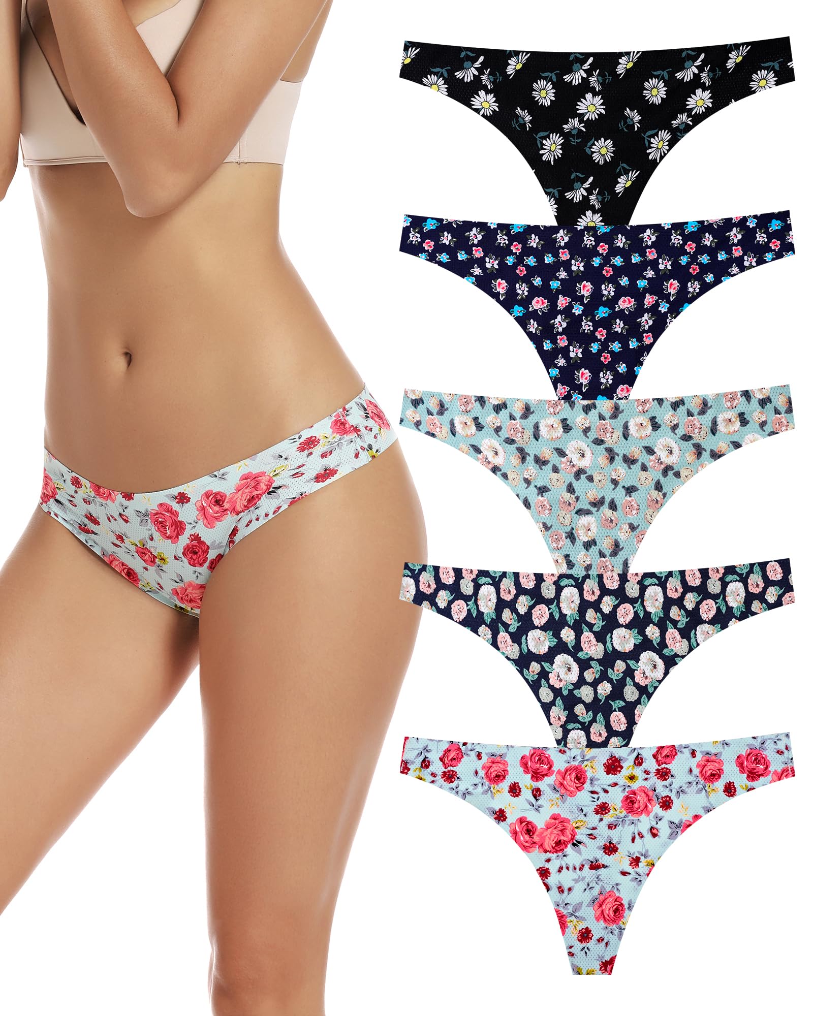 voenxe Seamless Women Underwear Thongs,No Show Ladies Workout Thong,5 Pack
