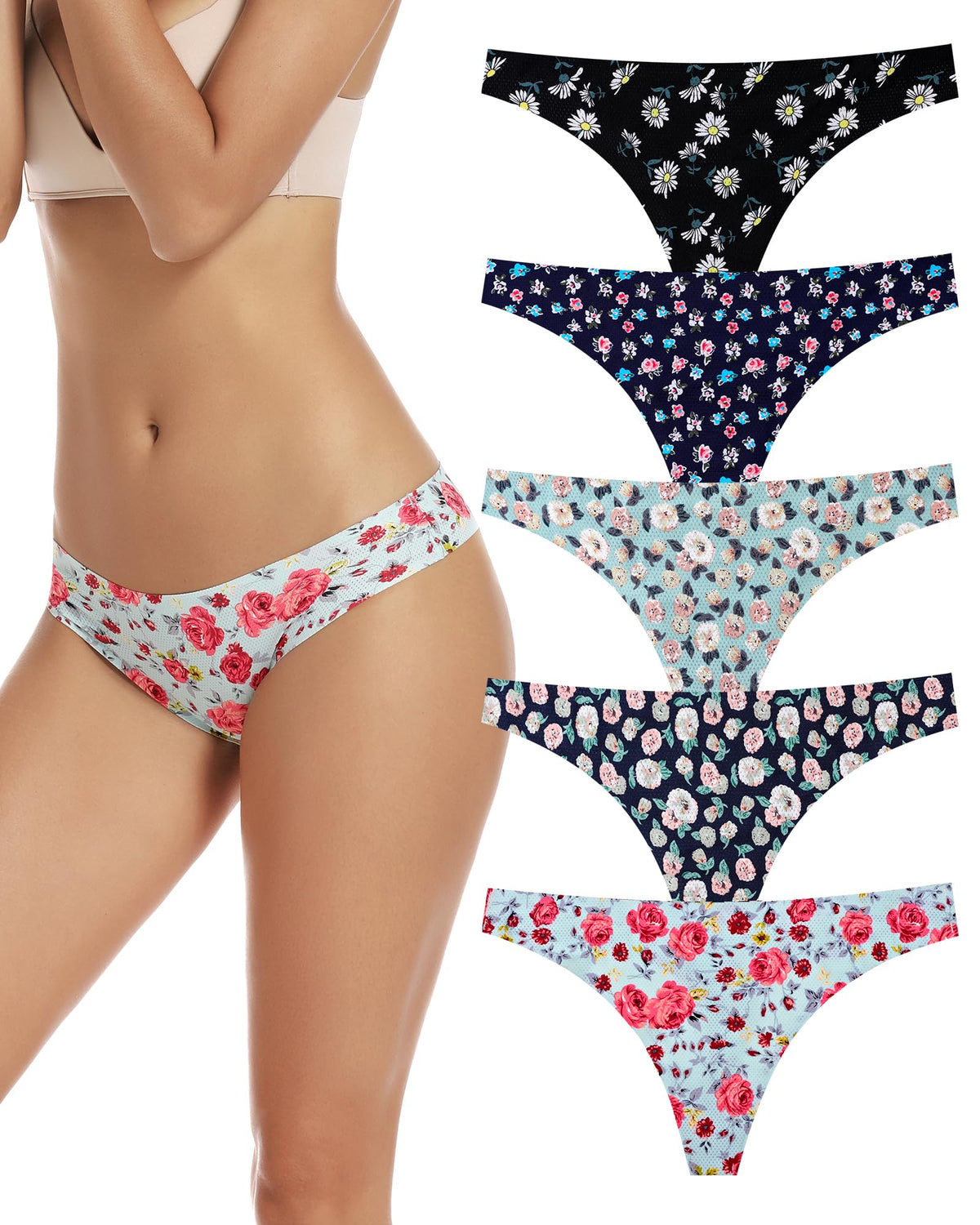 voenxe Seamless Women Underwear Thongs,No Show Ladies Workout Thong,5 Pack