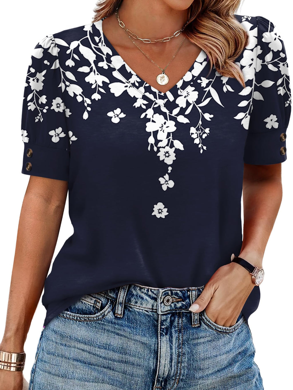 OFEEFAN Womens Tops Short Sleeve Shirts Buttons V Neck Spring Fashion Summer Outfits Plus Size Blouses Dressy Casual