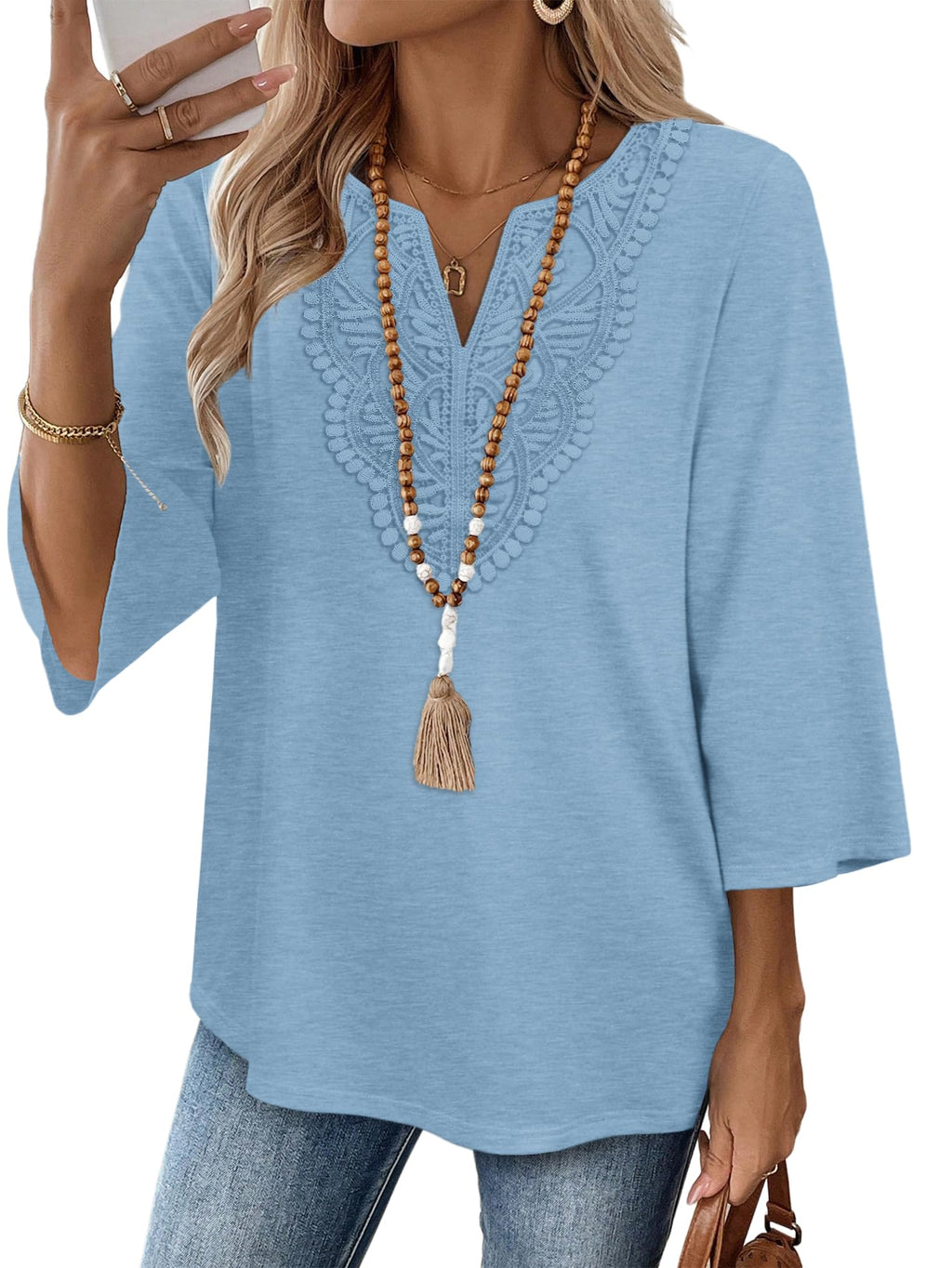 WIHOLL 3/4 Length Sleeve Womens Tops Boho V Neck Lace Shirt Trendy Blouses Dressy Casual Vacation Clothes S-3XL